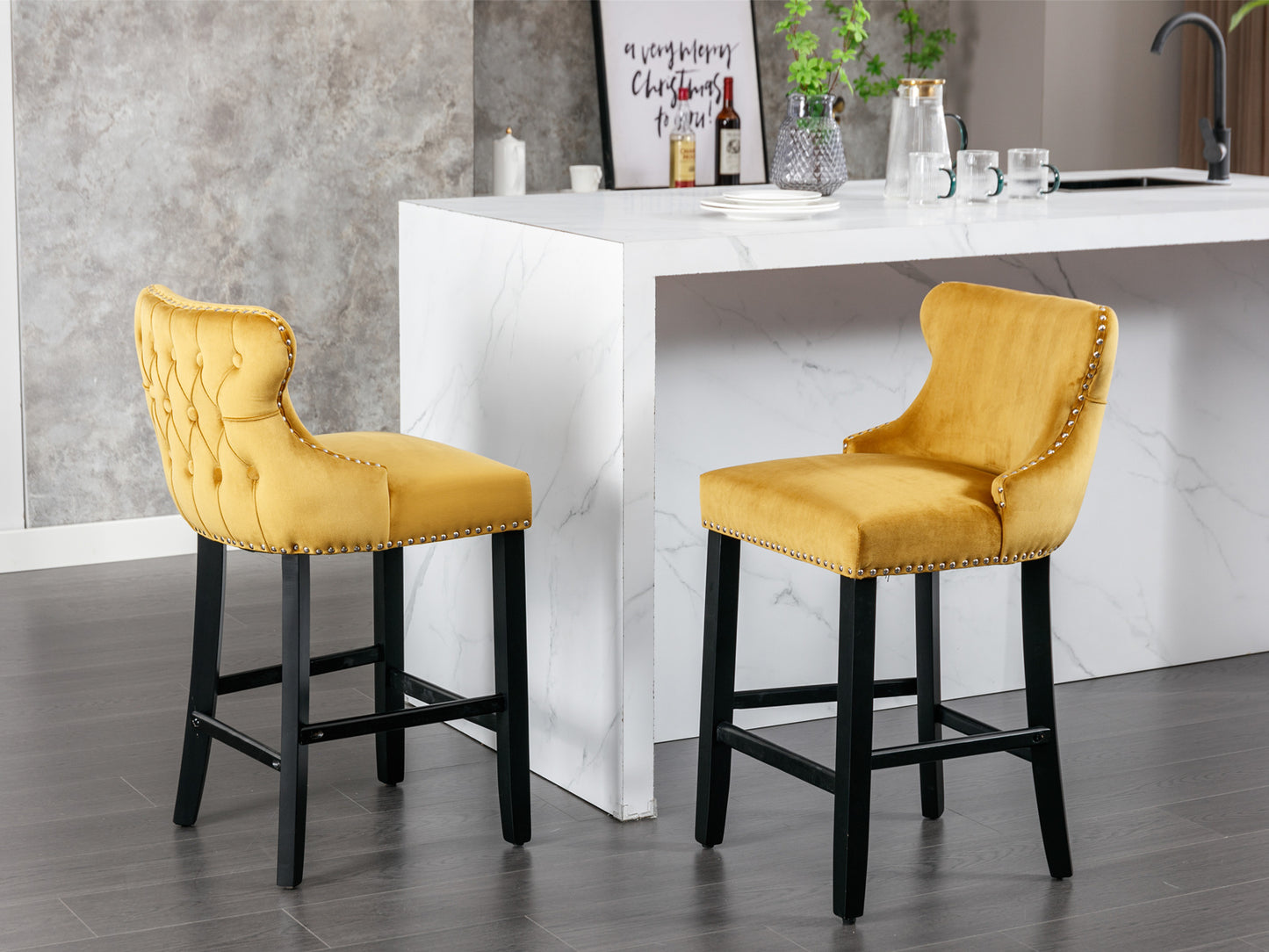 Gold Velvet Wing-Back Barstools with Button Tufting and Chrome Nailhead Trim Set of 2