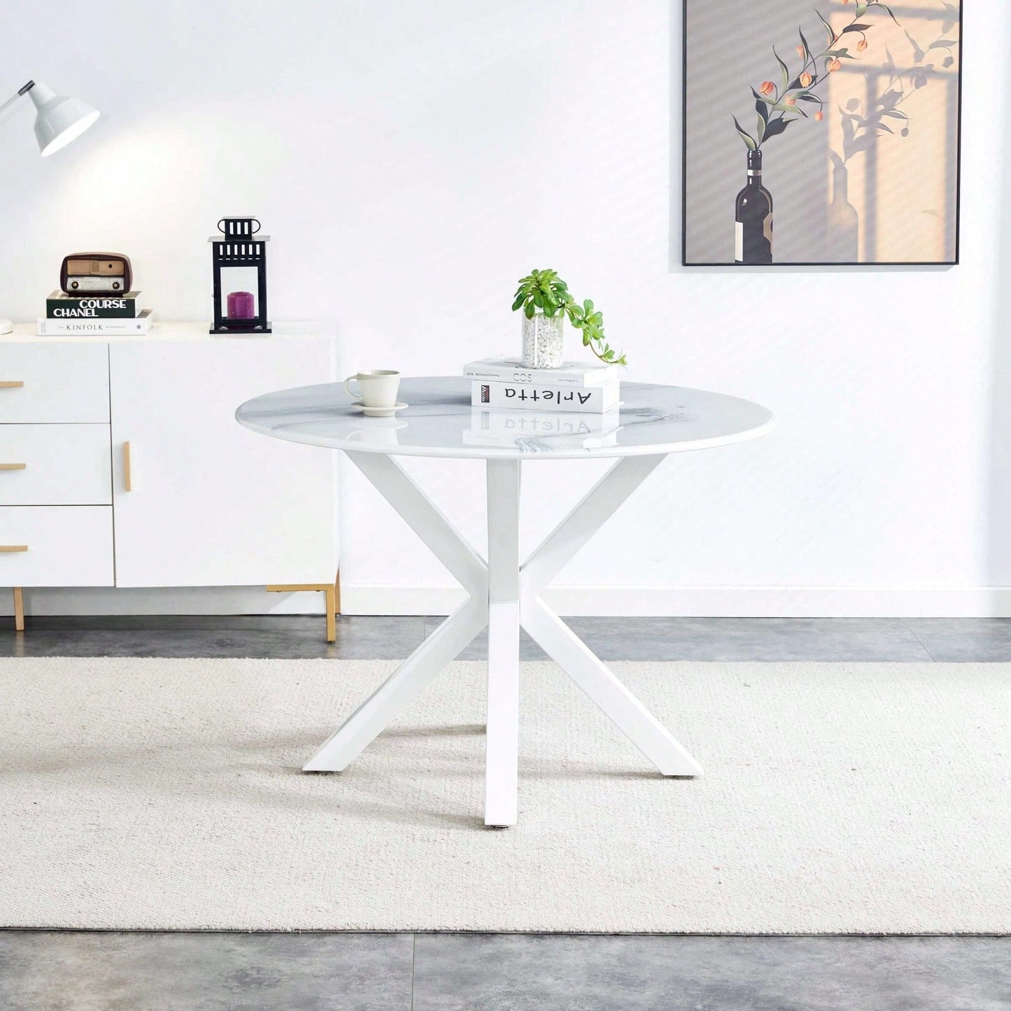 Mid-Century Round White Dining Table for 4-6 with Pedestal Base and MDF Top Ideal for Dining and Coffee