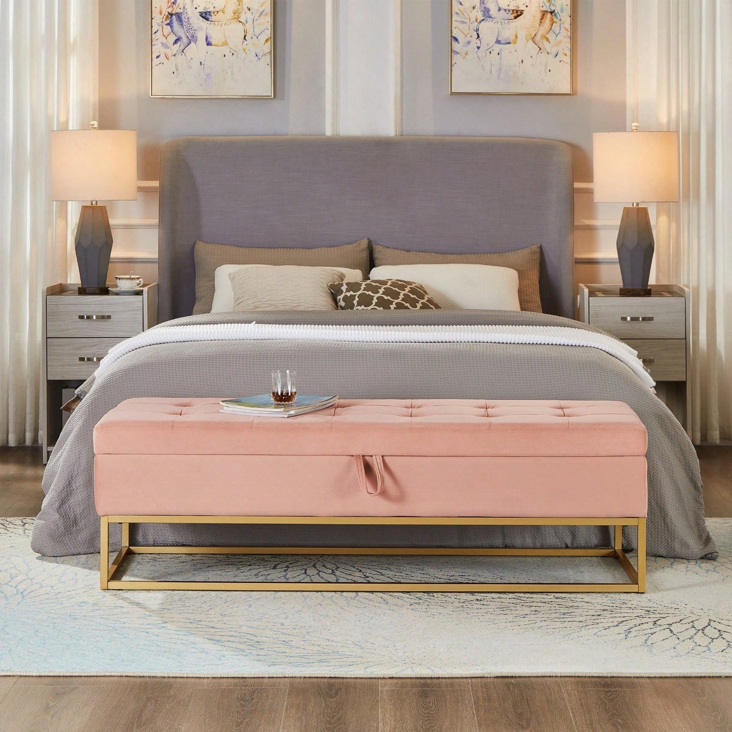 58.6" Bed Bench Metal Base With Storage Pink Velvet