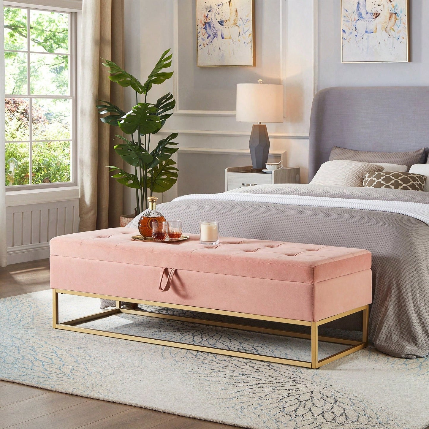58.6" Bed Bench Metal Base With Storage Pink Velvet