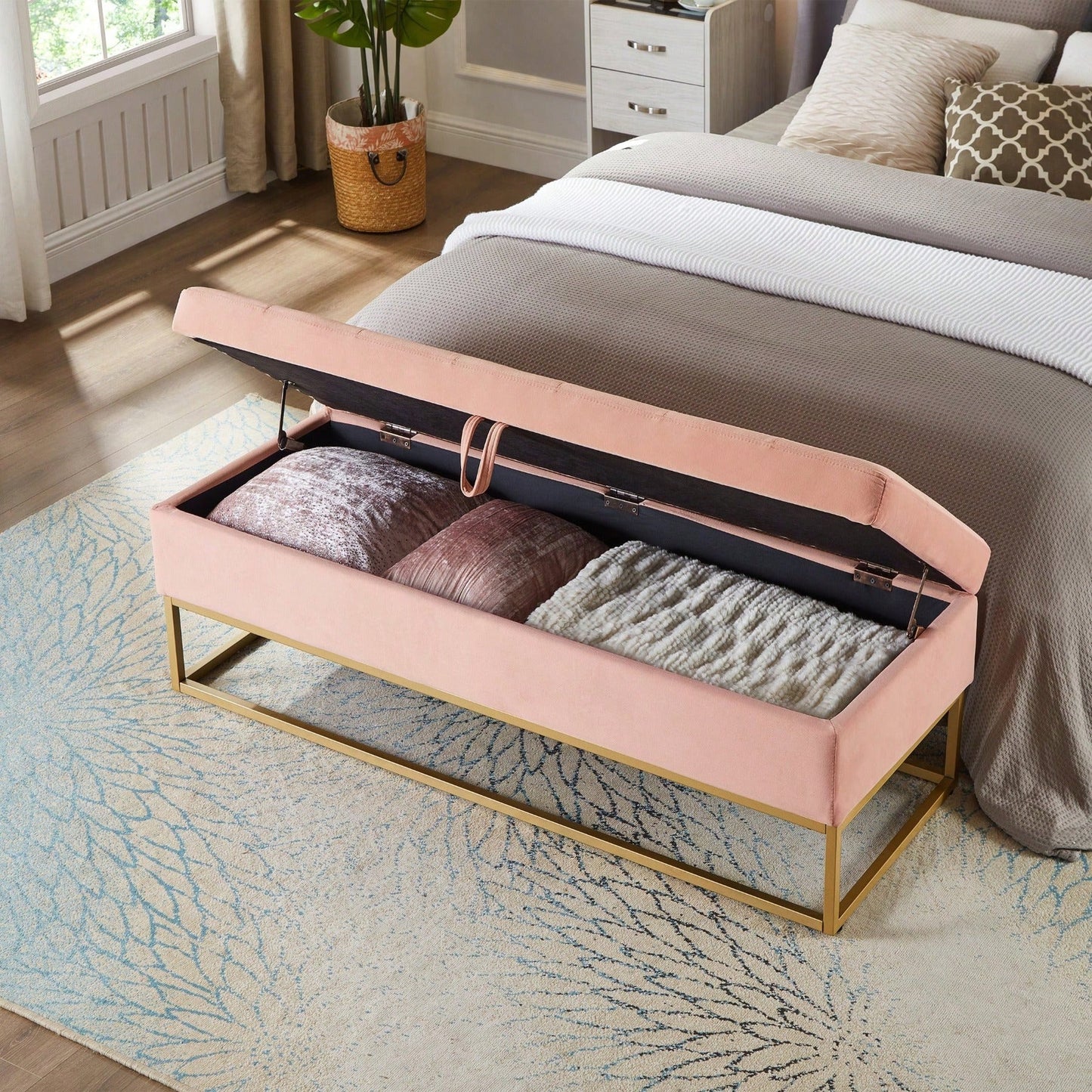 58.6" Bed Bench Metal Base With Storage Pink Velvet