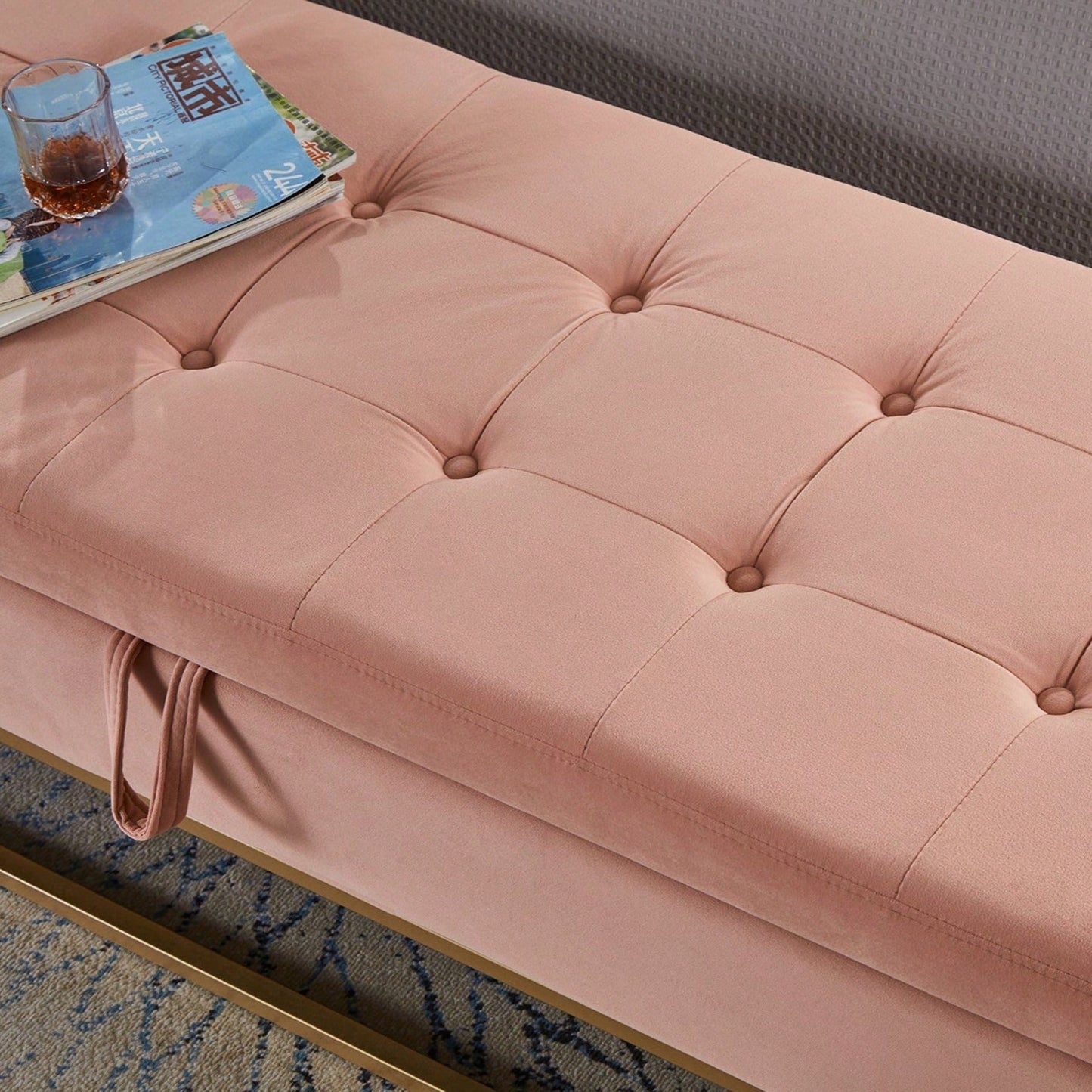 58.6" Bed Bench Metal Base With Storage Pink Velvet