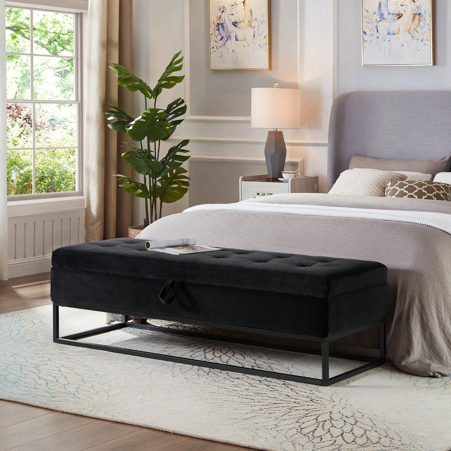 58.6" Bed Bench Metal Base With Storage Pink Velvet