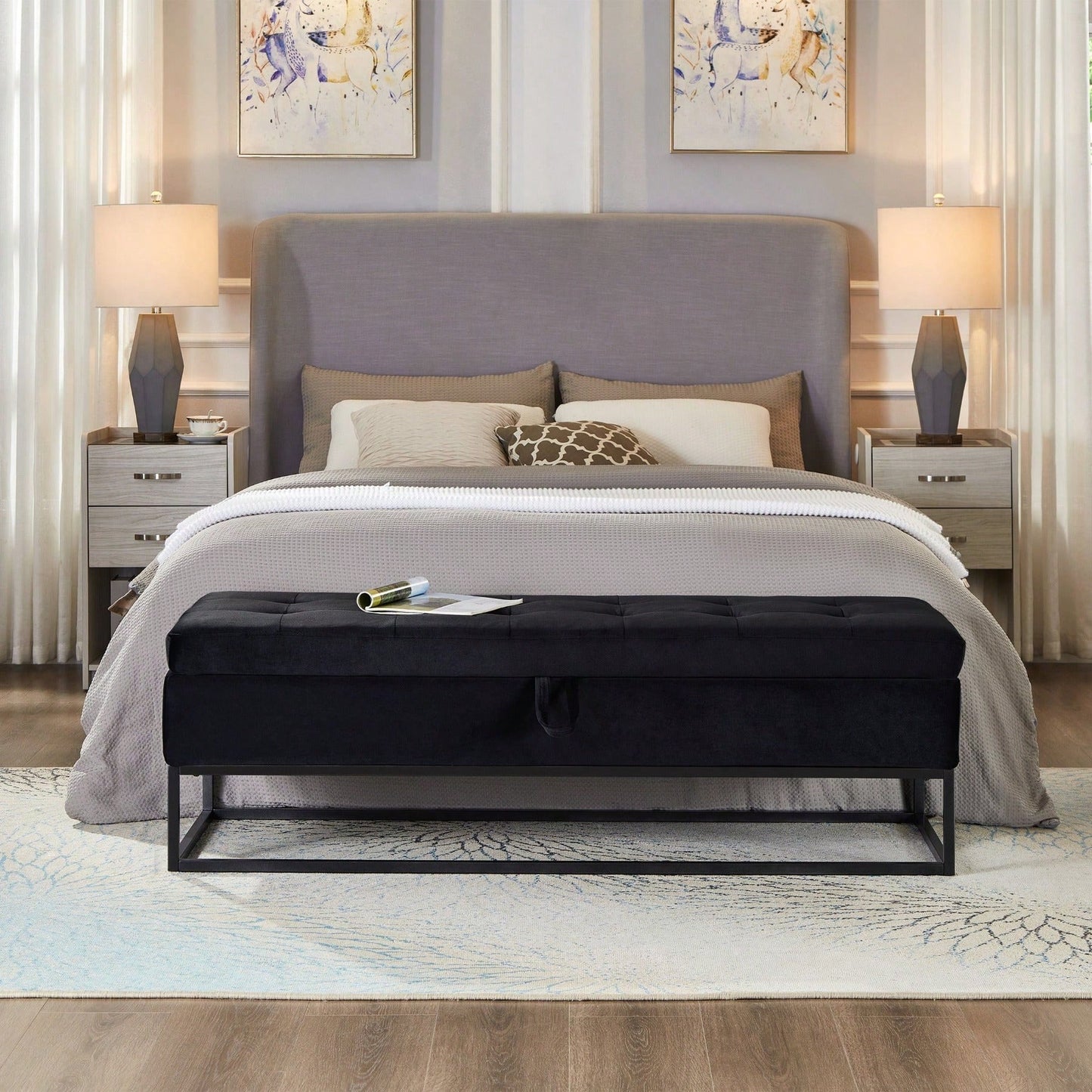 58.6" Bed Bench Metal Base With Storage Pink Velvet