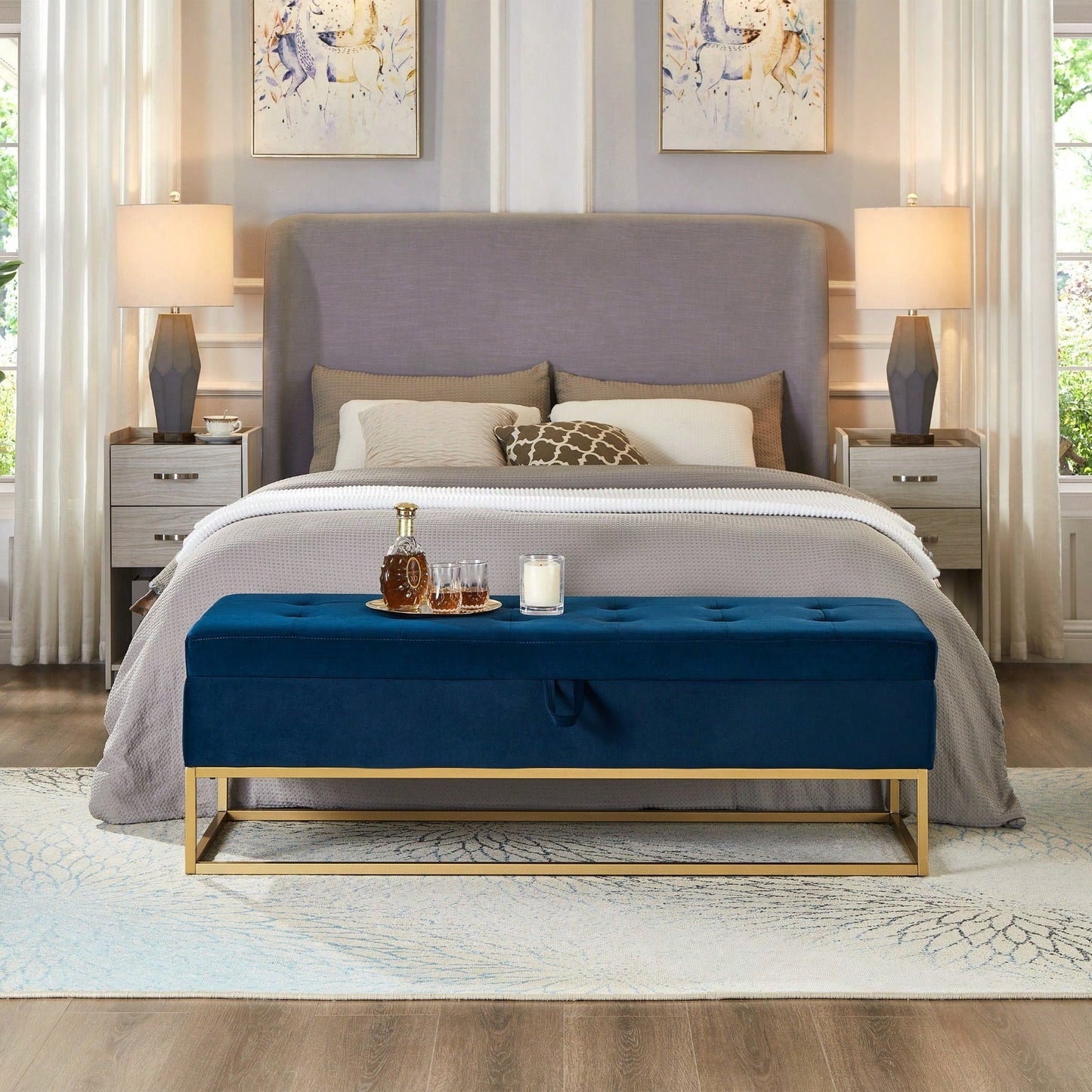 58.6" Bed Bench Metal Base With Storage Pink Velvet