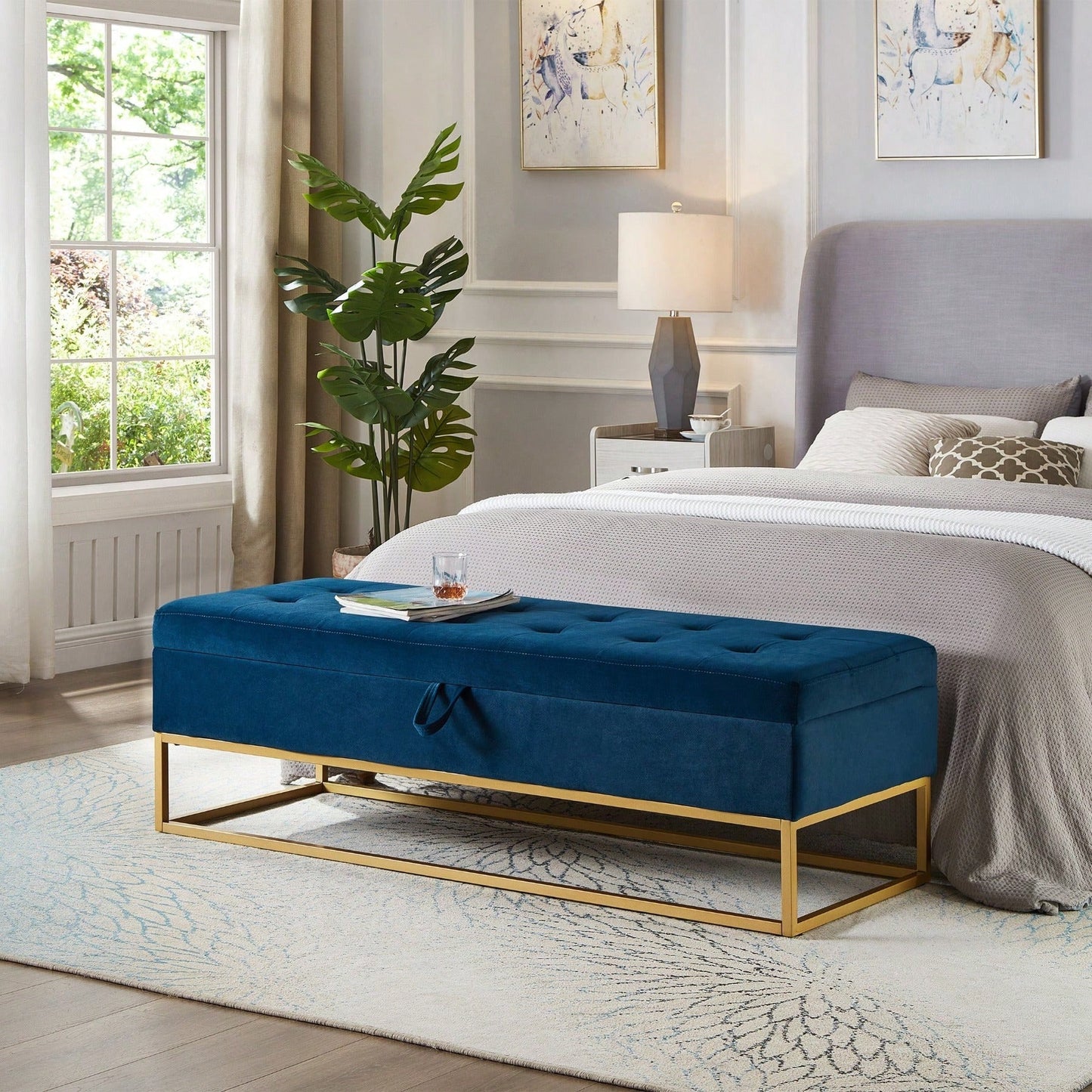 58.6" Bed Bench Metal Base With Storage Pink Velvet