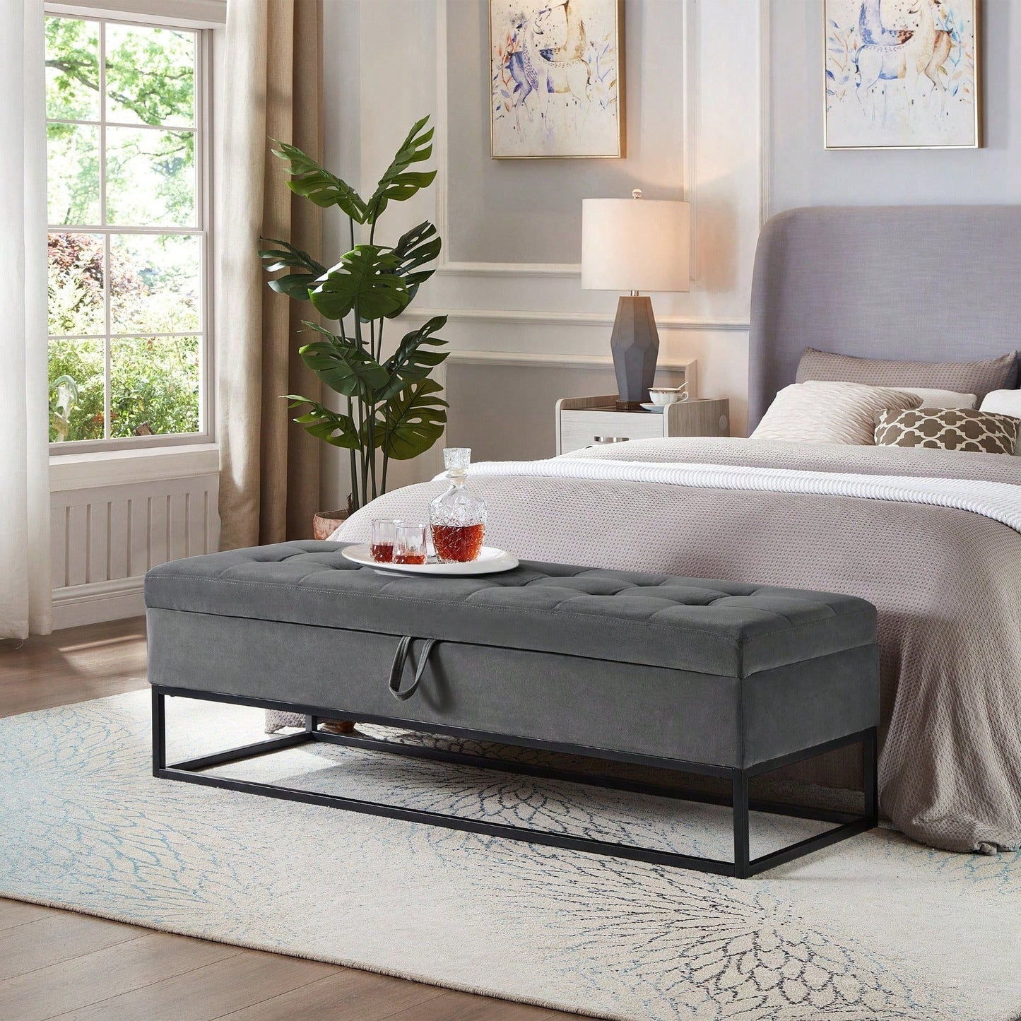58.6" Bed Bench Metal Base With Storage Pink Velvet