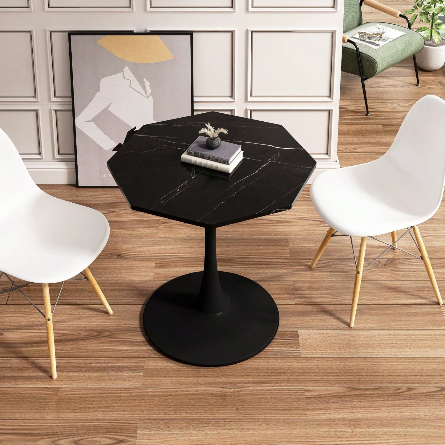 Modern Octagonal Coffee Table With Printed Black Marble Table Top,Metal Base, For Dining Room, Kitchen, Living Room