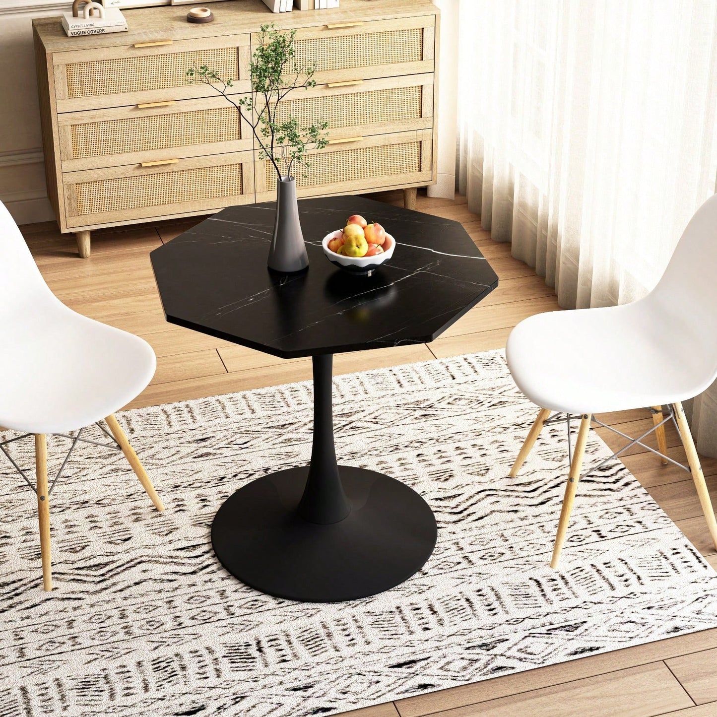 Modern Octagonal Coffee Table With Printed Black Marble Table Top,Metal Base, For Dining Room, Kitchen, Living Room
