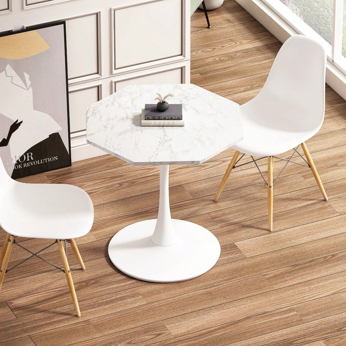 Modern Octagonal Coffee Table With Printed Black Marble Table Top,Metal Base, For Dining Room, Kitchen, Living Room