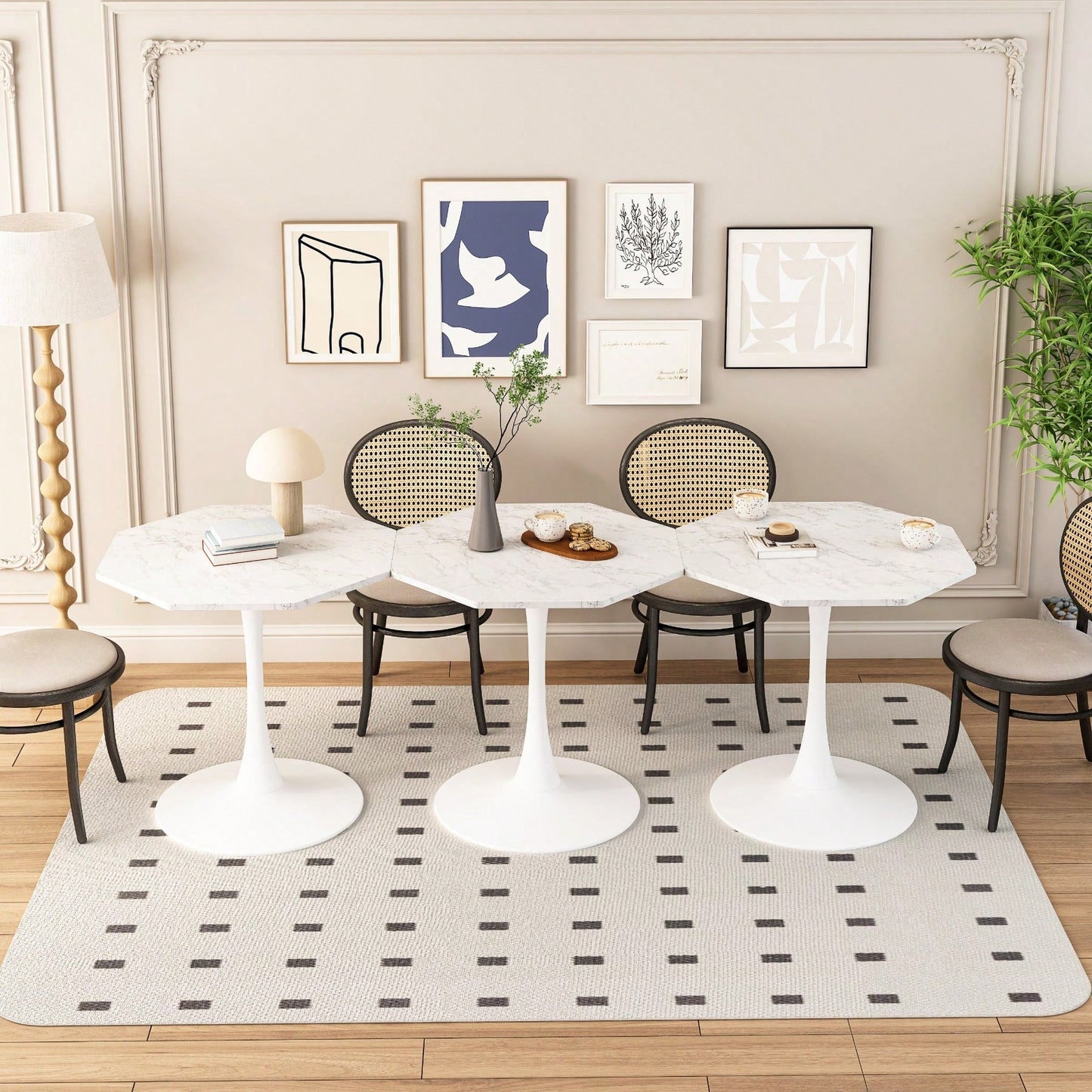 Modern Octagonal Coffee Table With Printed Black Marble Table Top,Metal Base, For Dining Room, Kitchen, Living Room