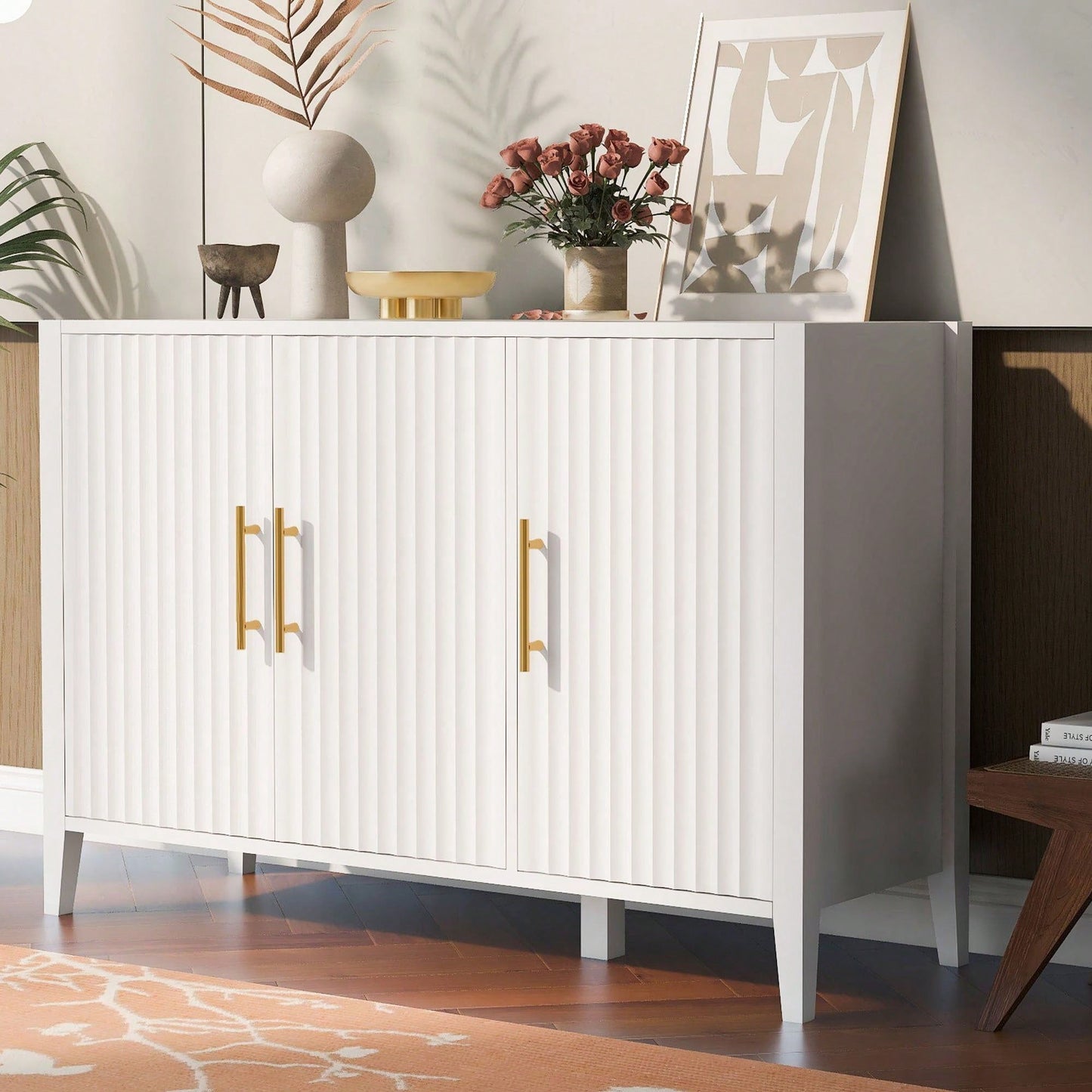 Three-Door Storage Cabinet With Metal Handles, Suitable For Corridors, Entrances, Living Rooms, And Bedrooms