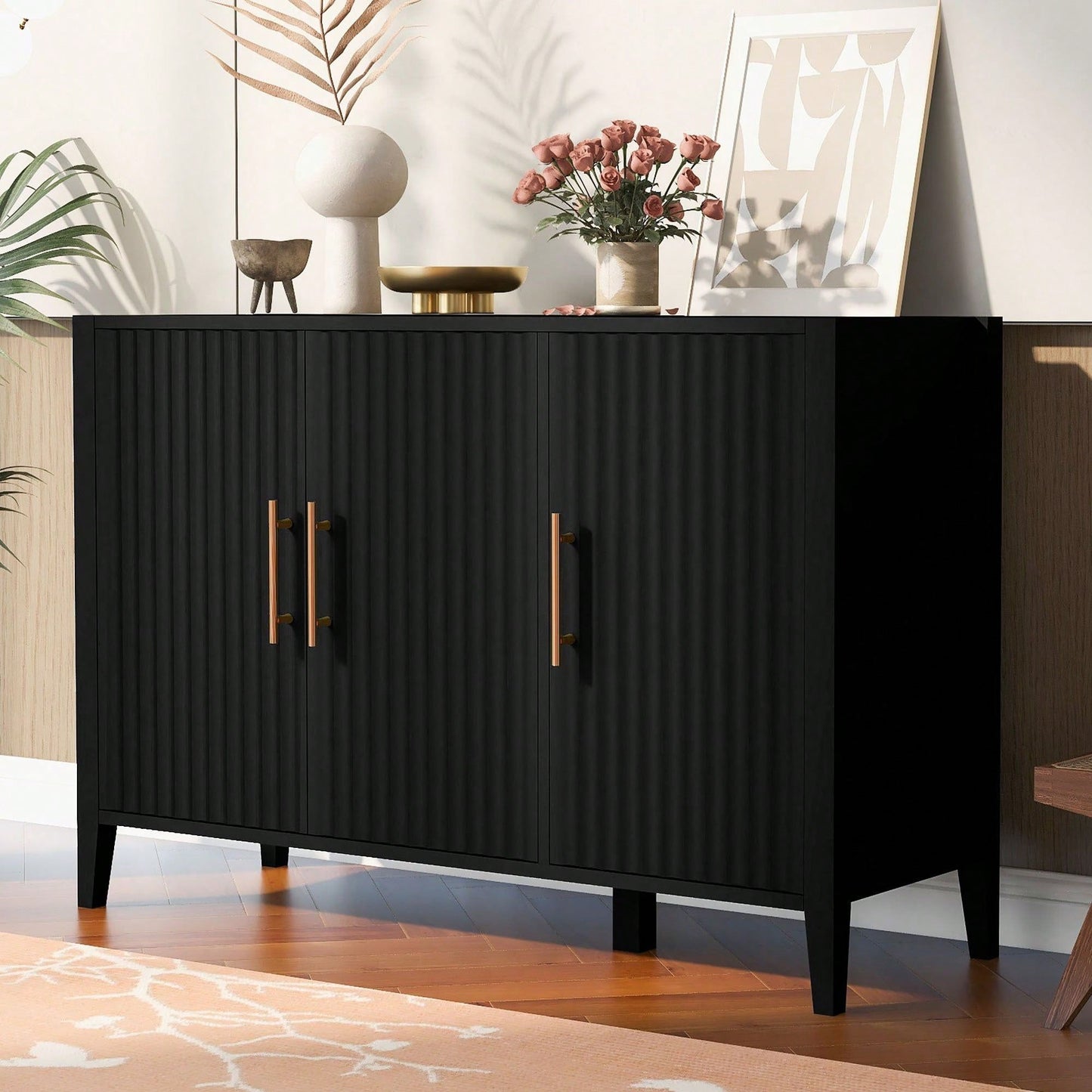 Three-Door Storage Cabinet With Metal Handles, Suitable For Corridors, Entrances, Living Rooms, And Bedrooms