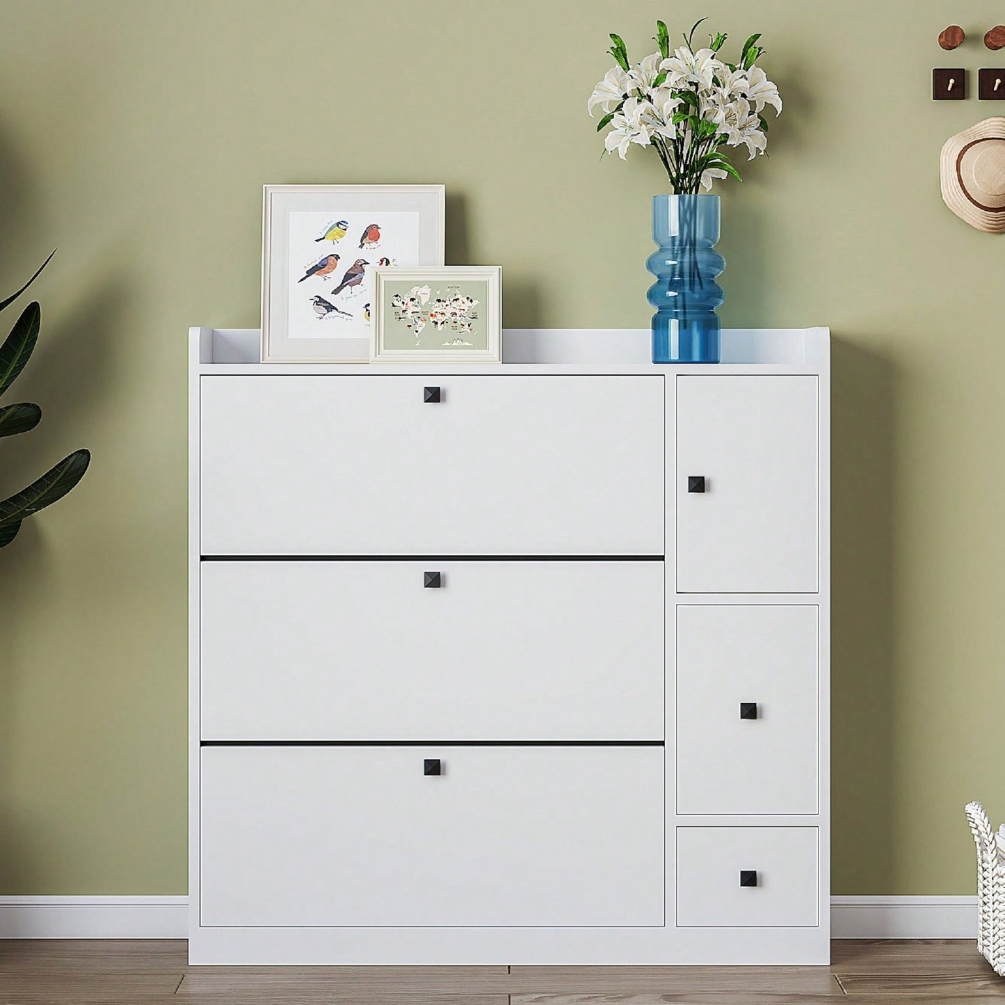 Versatile Shoe Cabinet with 3 Flip Drawers and Pull-Down Seat for Entryway Storage and Organization