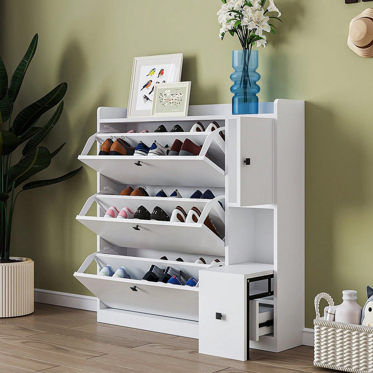 Versatile Shoe Cabinet with 3 Flip Drawers and Pull-Down Seat for Entryway Storage and Organization