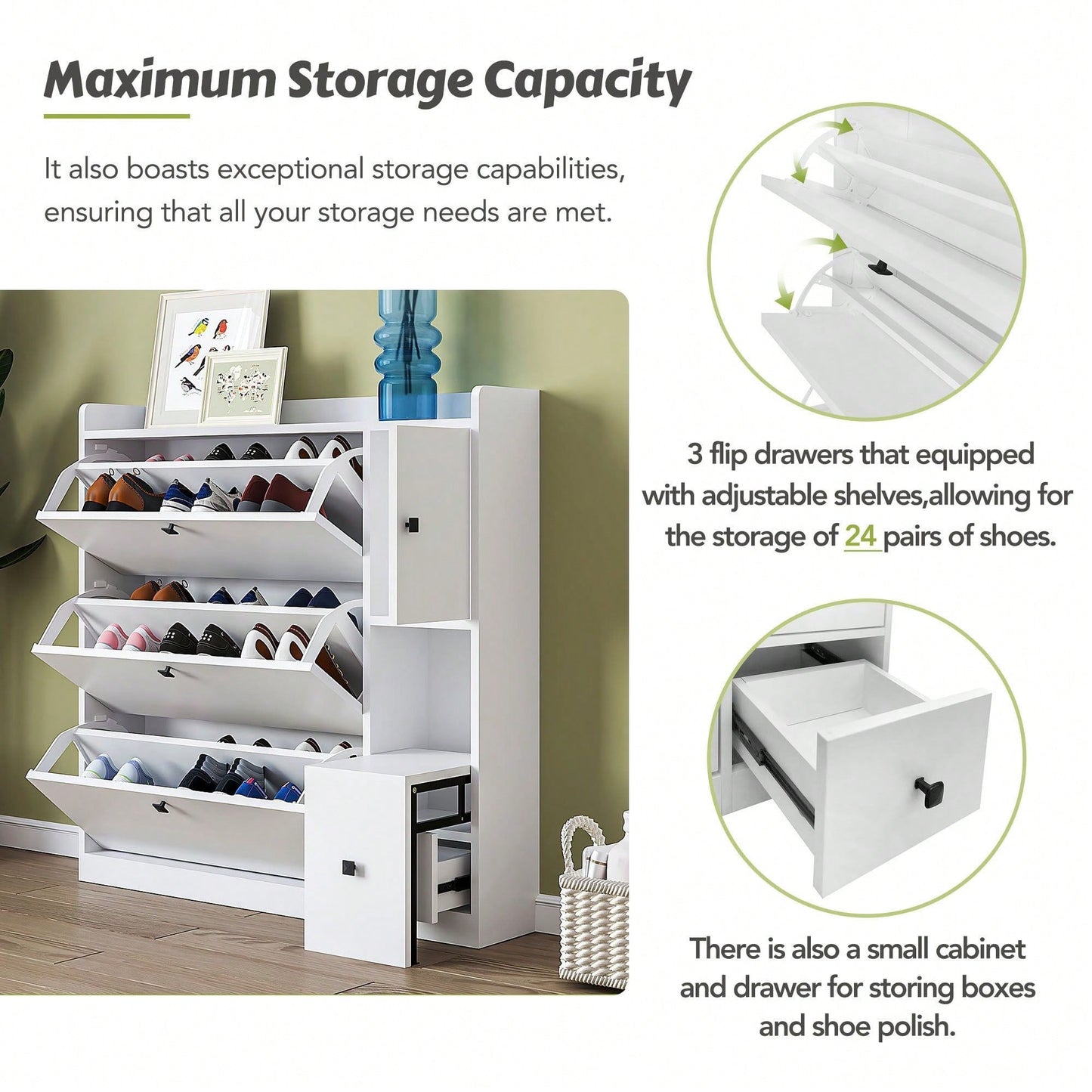 Versatile Shoe Cabinet with 3 Flip Drawers and Pull-Down Seat for Entryway Storage and Organization