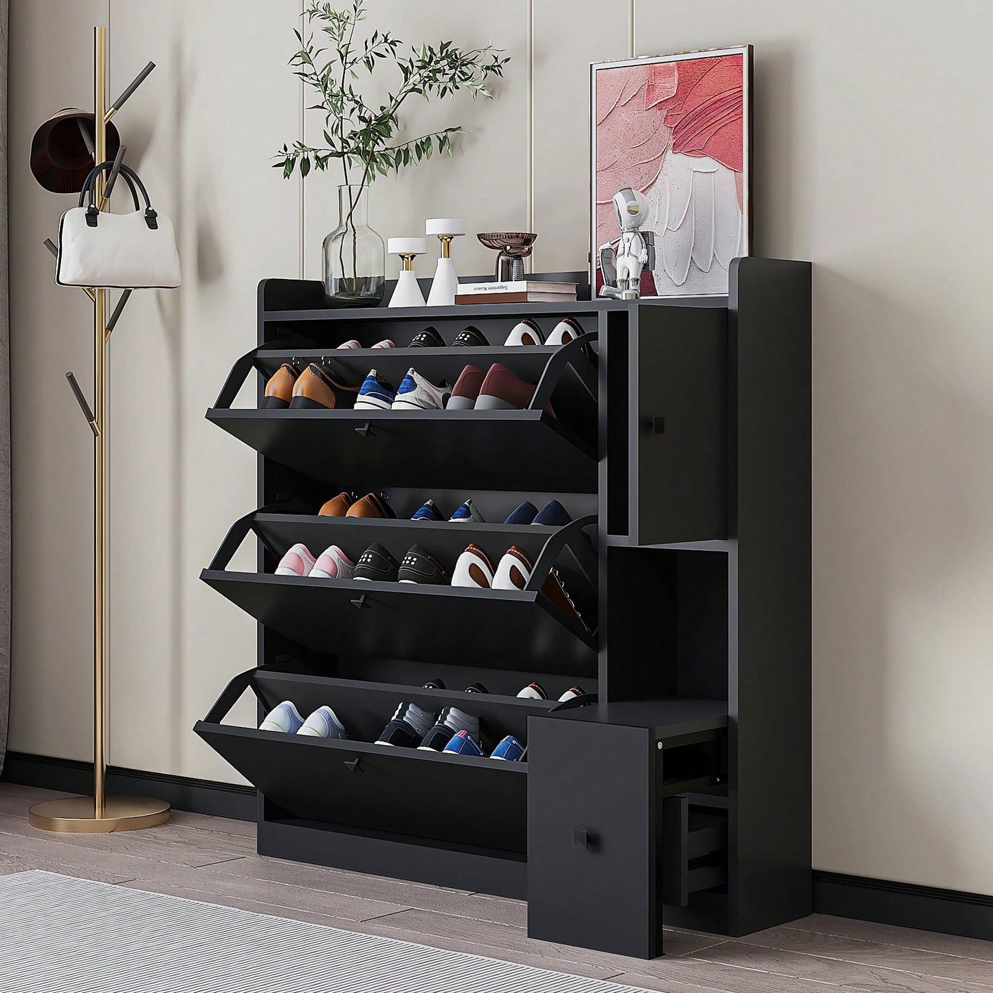 Versatile Shoe Cabinet with 3 Flip Drawers and Pull-Down Seat for Entryway Storage and Organization