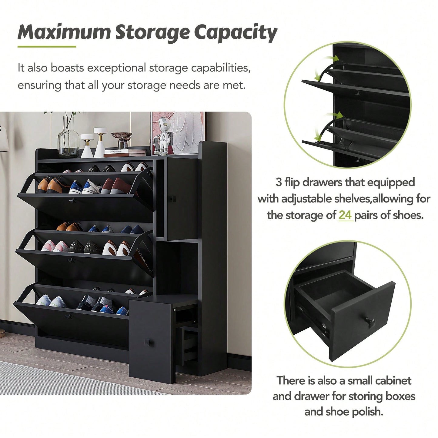 Versatile Shoe Cabinet with 3 Flip Drawers and Pull-Down Seat for Entryway Storage and Organization