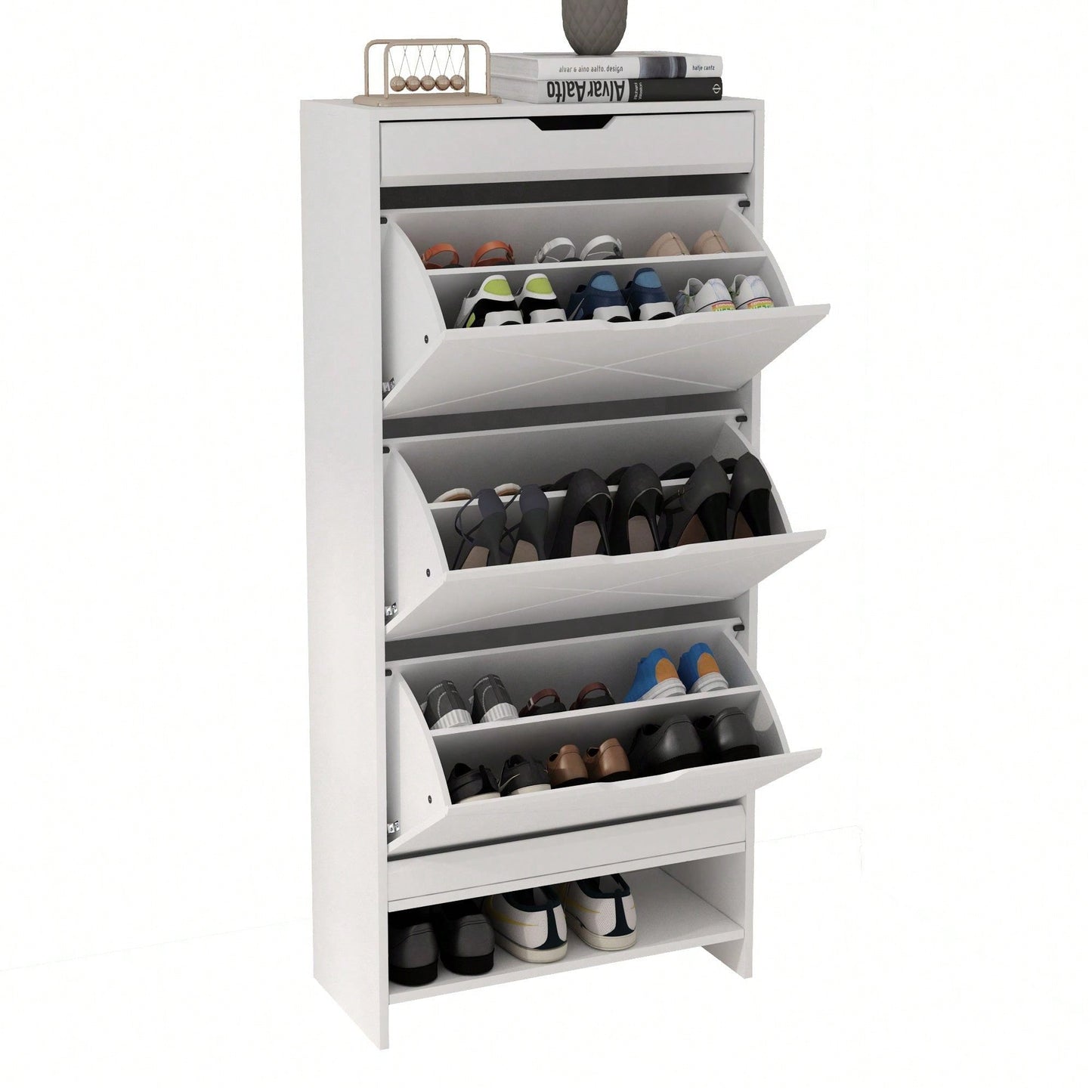 3 Tier Tipping Bucket Shoe Storage Cabinet - White Finish