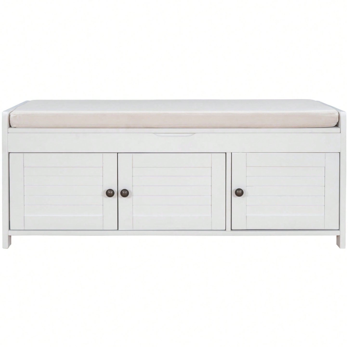 Storage Bench With 3 Shutter-Shaped Doors, Shoe Bench With Removable Cushion And Hidden Storage Space