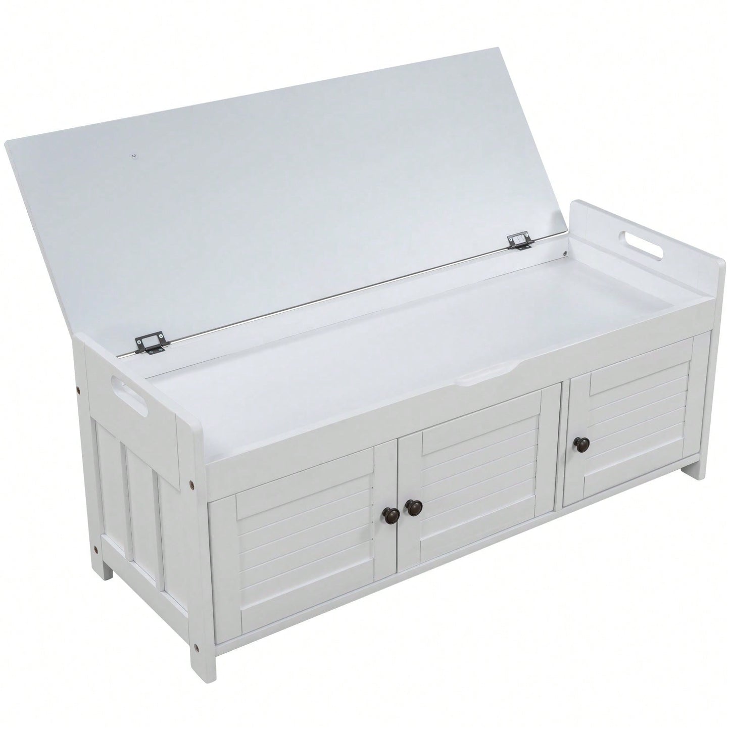 Storage Bench With 3 Shutter-Shaped Doors, Shoe Bench With Removable Cushion And Hidden Storage Space