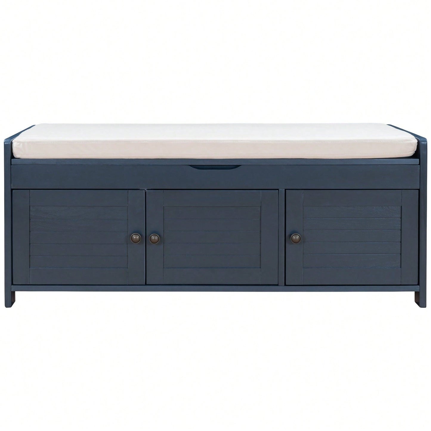 Storage Bench With 3 Shutter-Shaped Doors, Shoe Bench With Removable Cushion And Hidden Storage Space