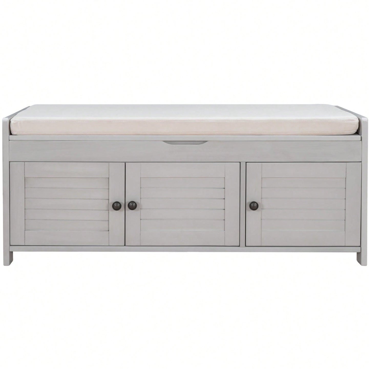Storage Bench With 3 Shutter-Shaped Doors, Shoe Bench With Removable Cushion And Hidden Storage Space