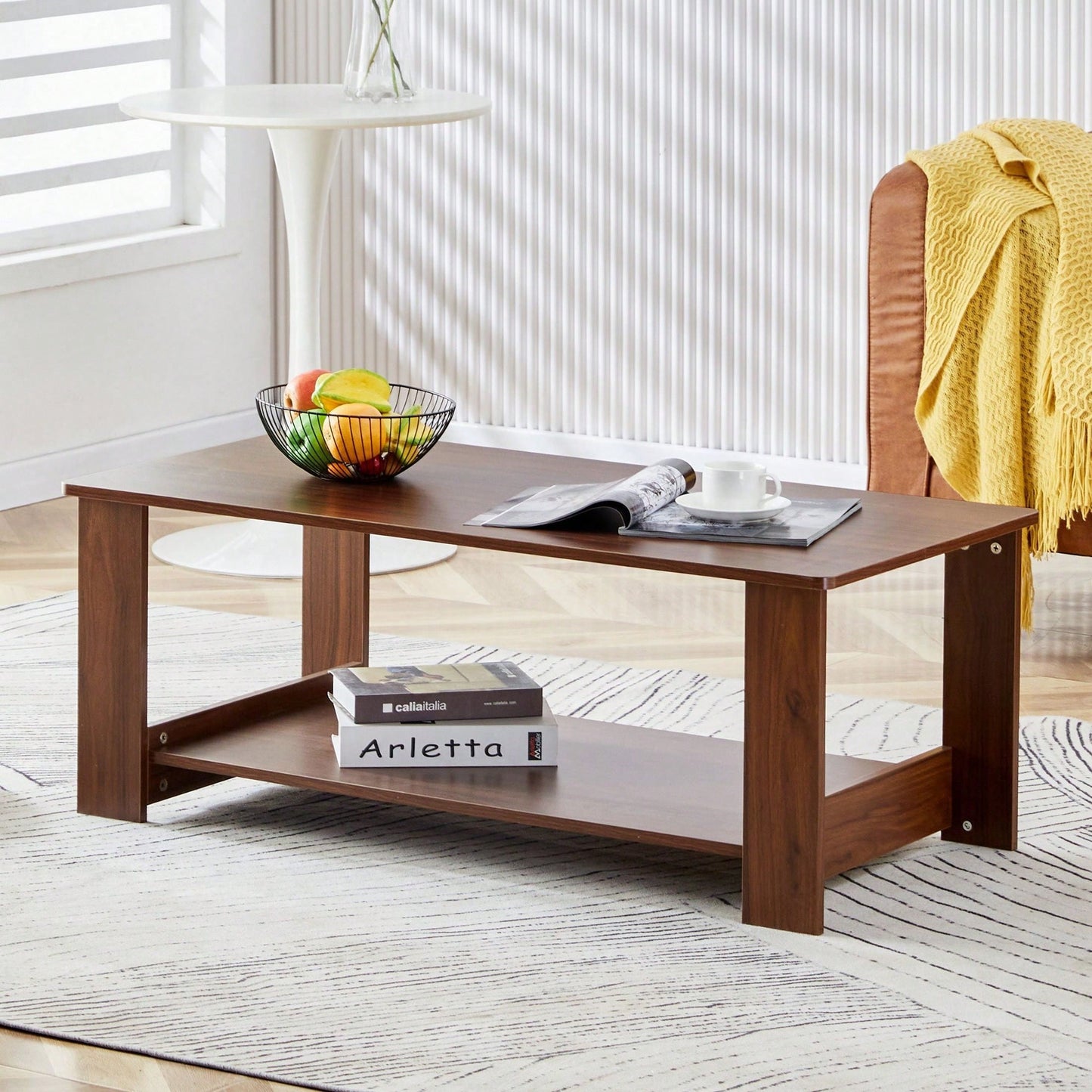 Stylish Walnut Textured Double Layer Coffee Table MDF Living Room 43.3x21.6x16.5 Inches