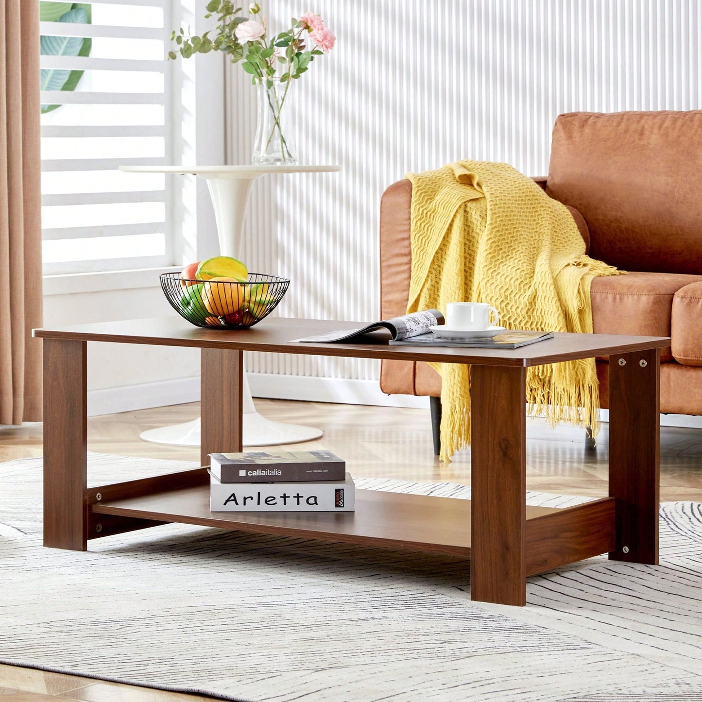 Stylish Walnut Textured Double Layer Coffee Table MDF Living Room 43.3x21.6x16.5 Inches