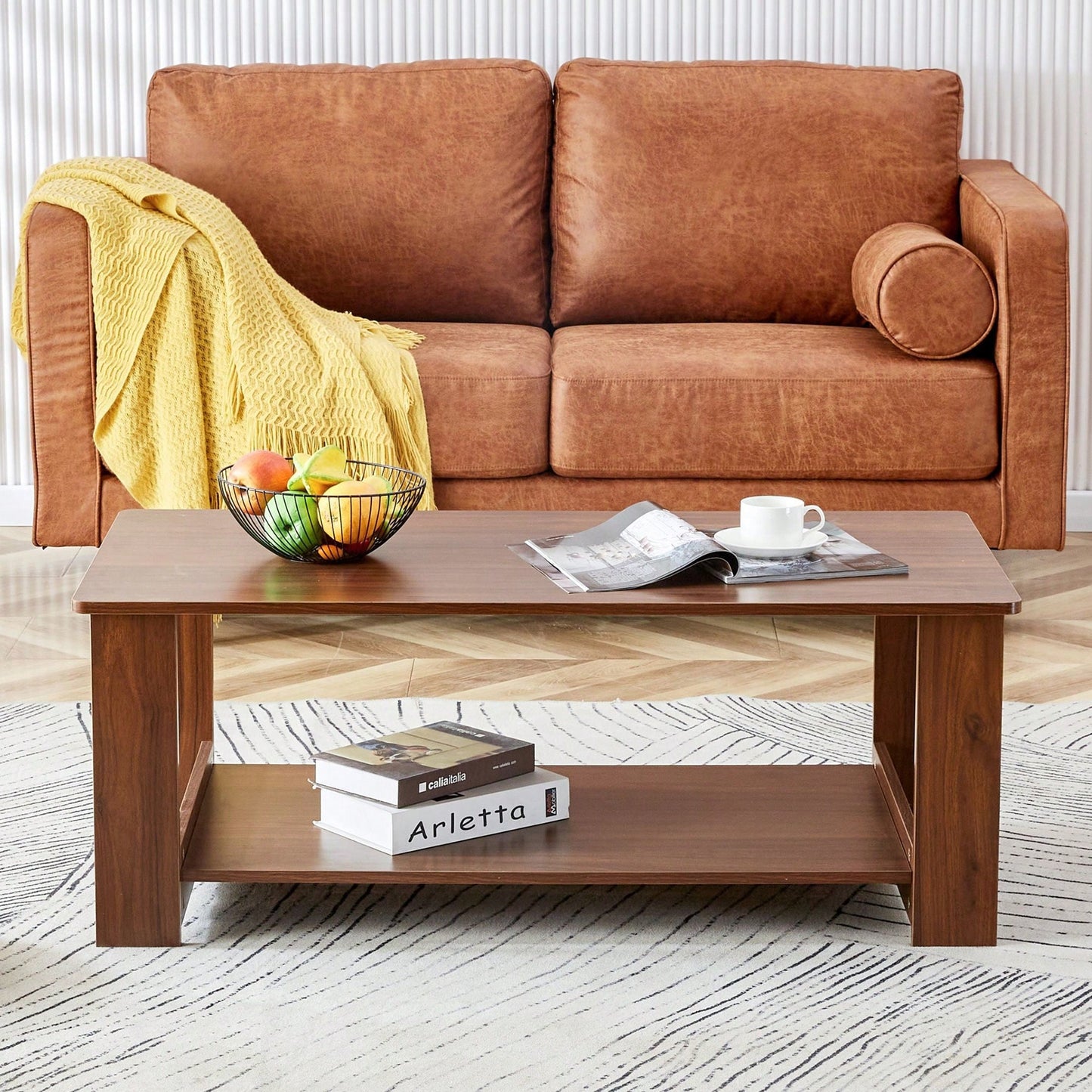 Stylish Walnut Textured Double Layer Coffee Table MDF Living Room 43.3x21.6x16.5 Inches