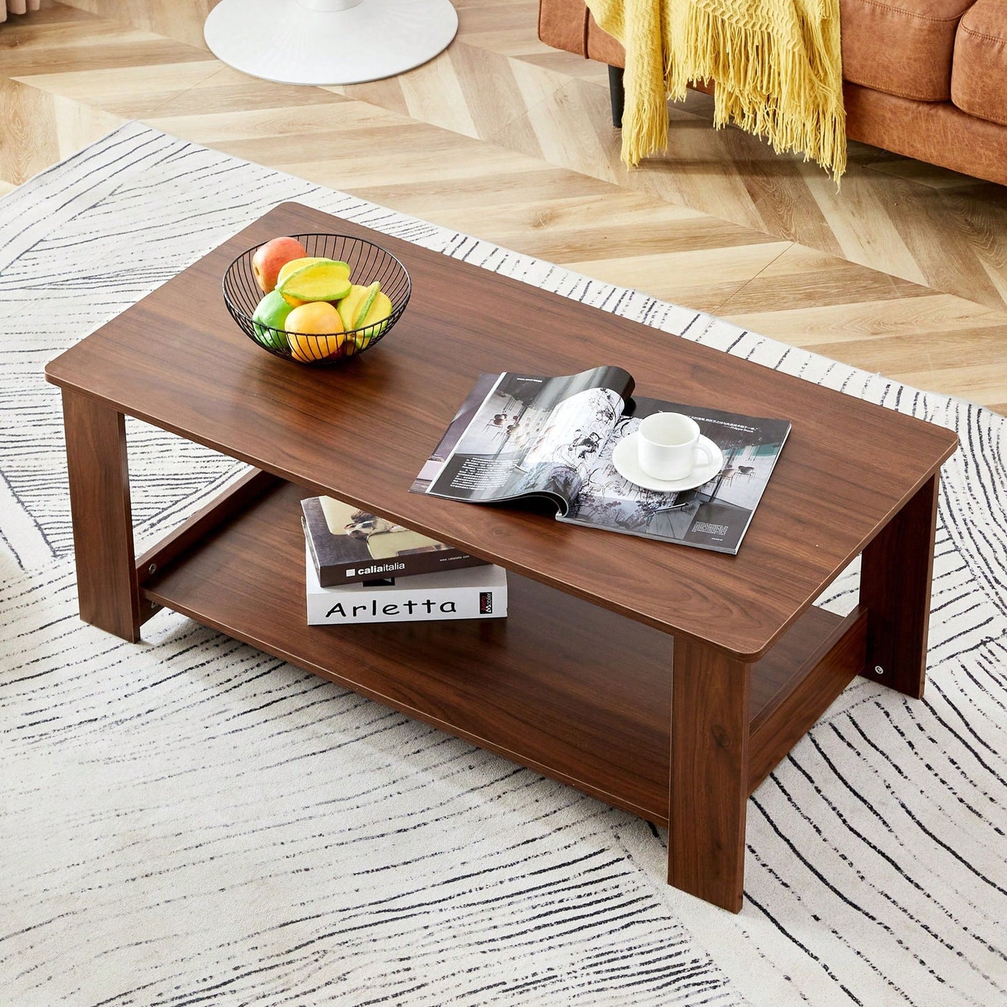 Stylish Walnut Textured Double Layer Coffee Table MDF Living Room 43.3x21.6x16.5 Inches