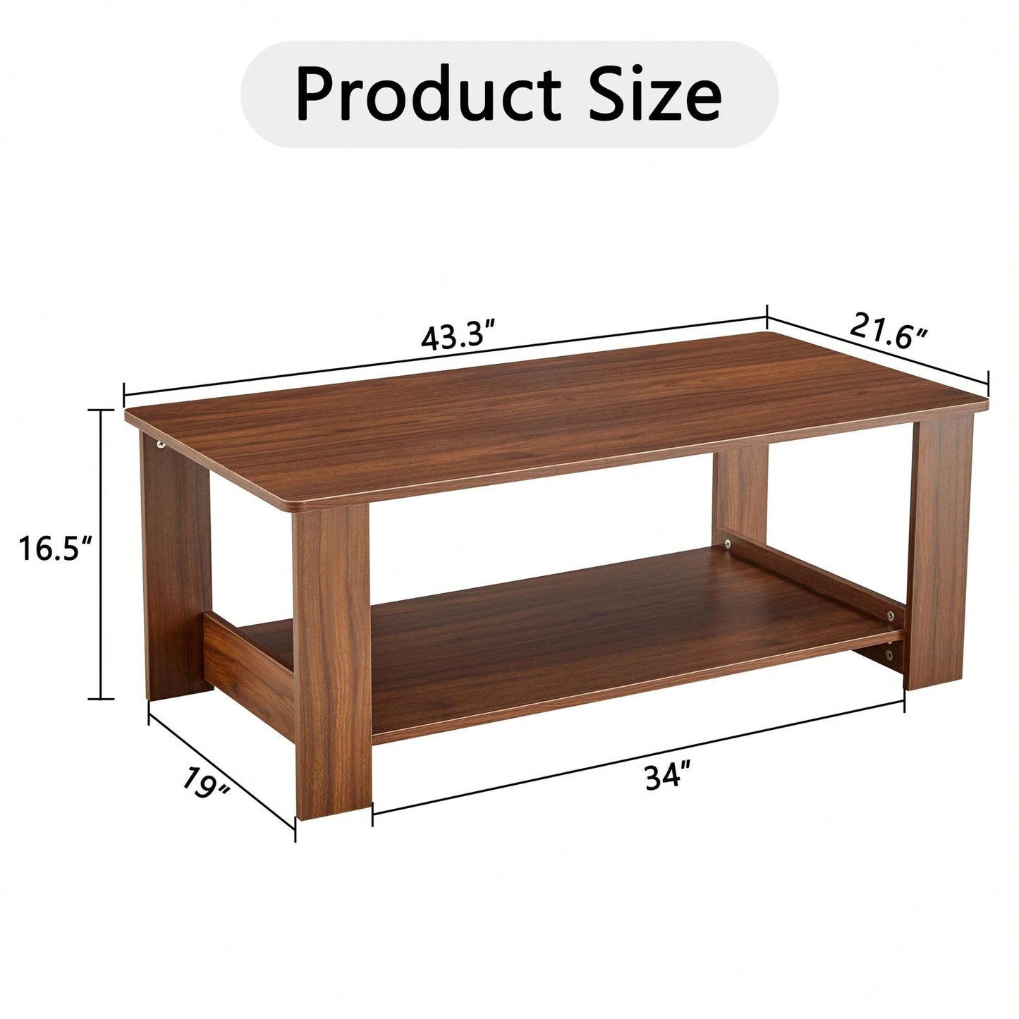 Stylish Walnut Textured Double Layer Coffee Table MDF Living Room 43.3x21.6x16.5 Inches
