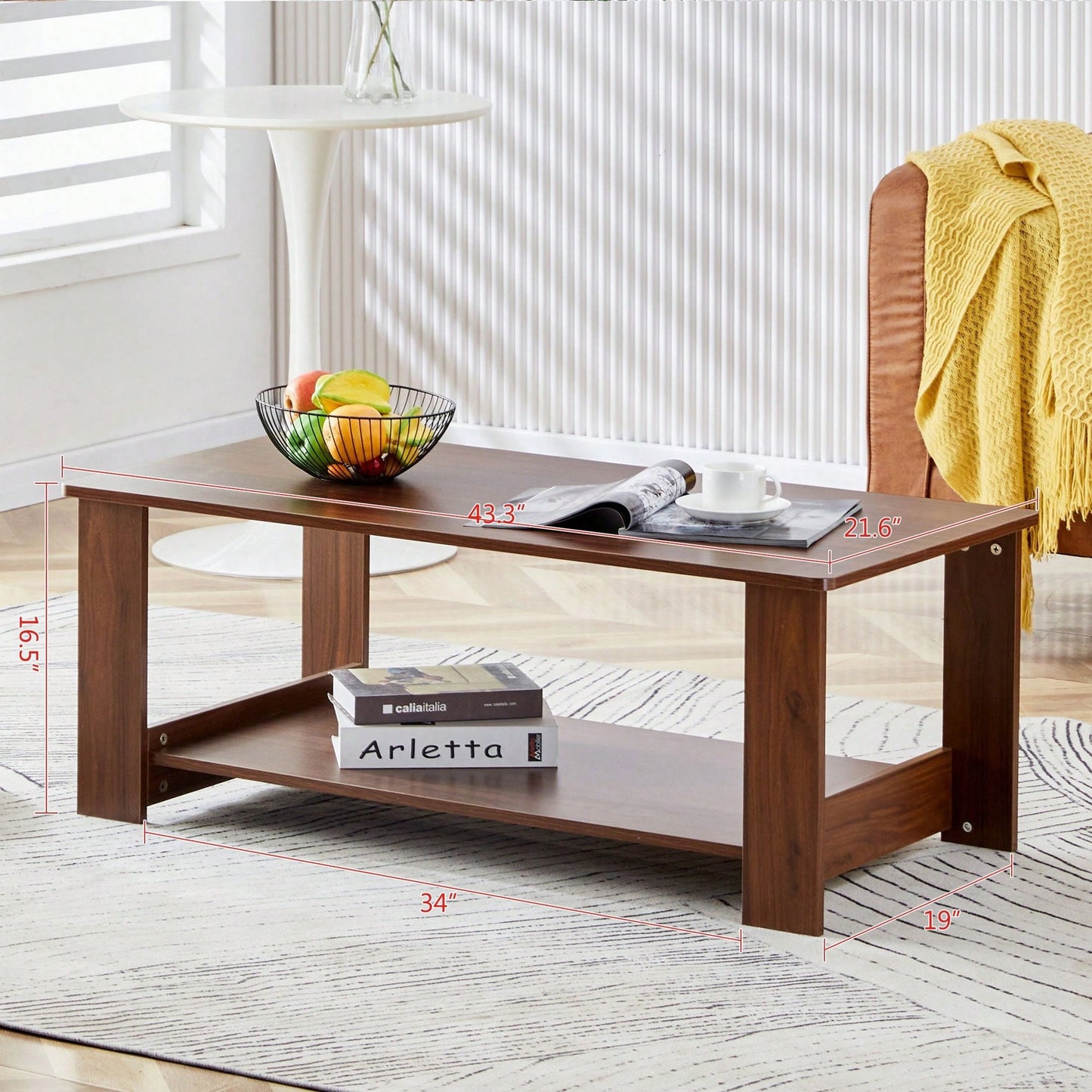 Stylish Walnut Textured Double Layer Coffee Table MDF Living Room 43.3x21.6x16.5 Inches