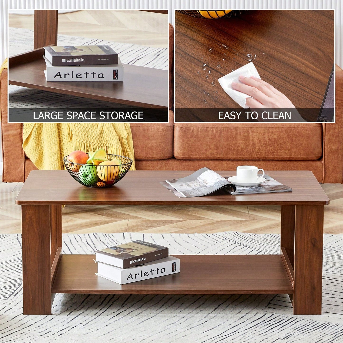 Stylish Walnut Textured Double Layer Coffee Table MDF Living Room 43.3x21.6x16.5 Inches