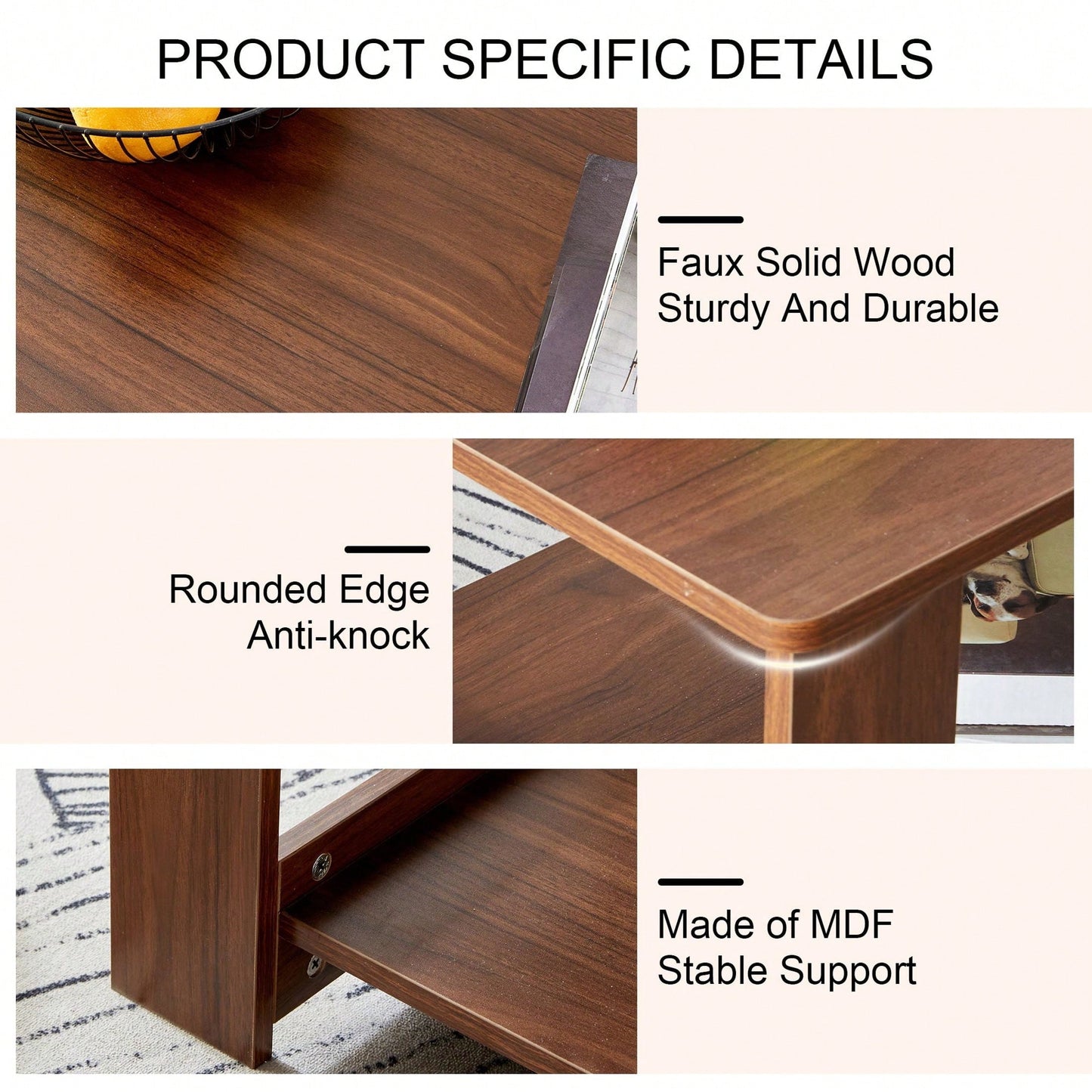 Stylish Walnut Textured Double Layer Coffee Table MDF Living Room 43.3x21.6x16.5 Inches