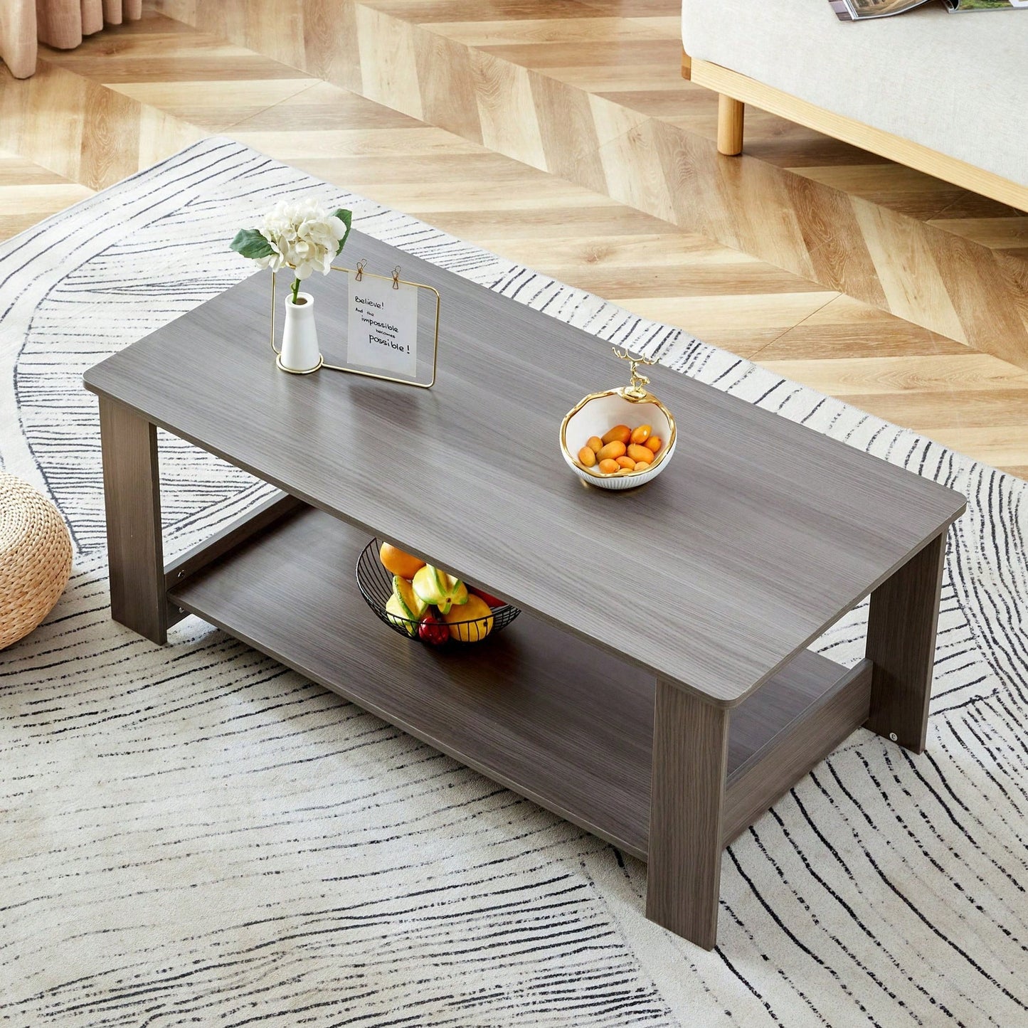 Stylish Walnut Textured Double Layer Coffee Table MDF Living Room 43.3x21.6x16.5 Inches