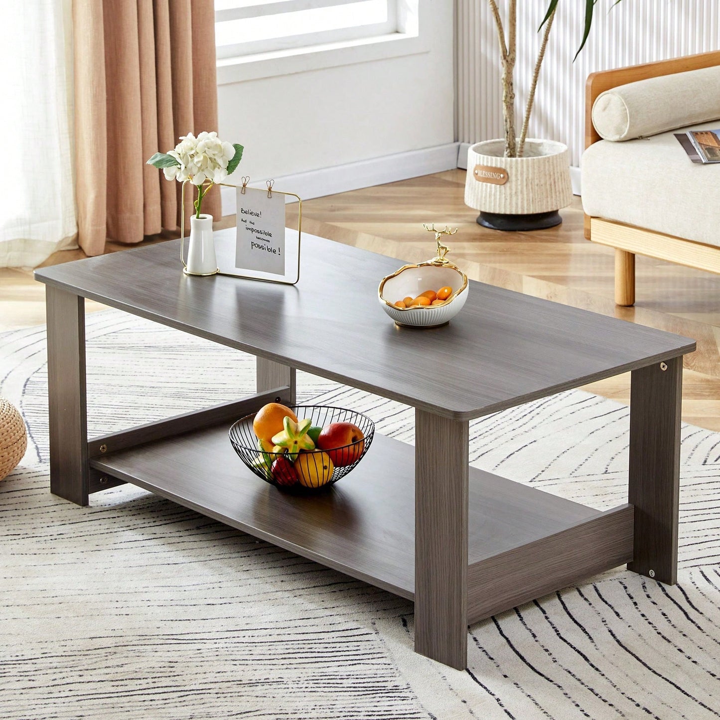 Stylish Walnut Textured Double Layer Coffee Table MDF Living Room 43.3x21.6x16.5 Inches