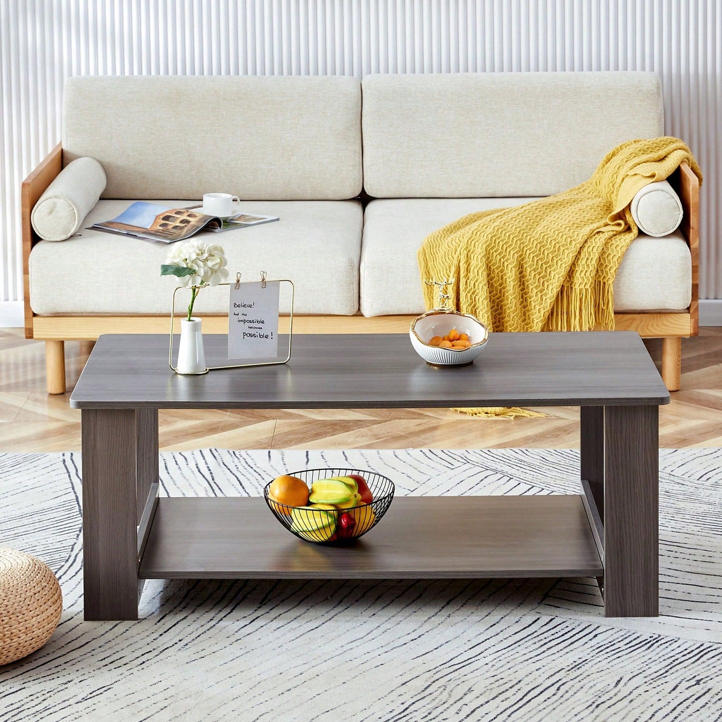 Stylish Walnut Textured Double Layer Coffee Table MDF Living Room 43.3x21.6x16.5 Inches