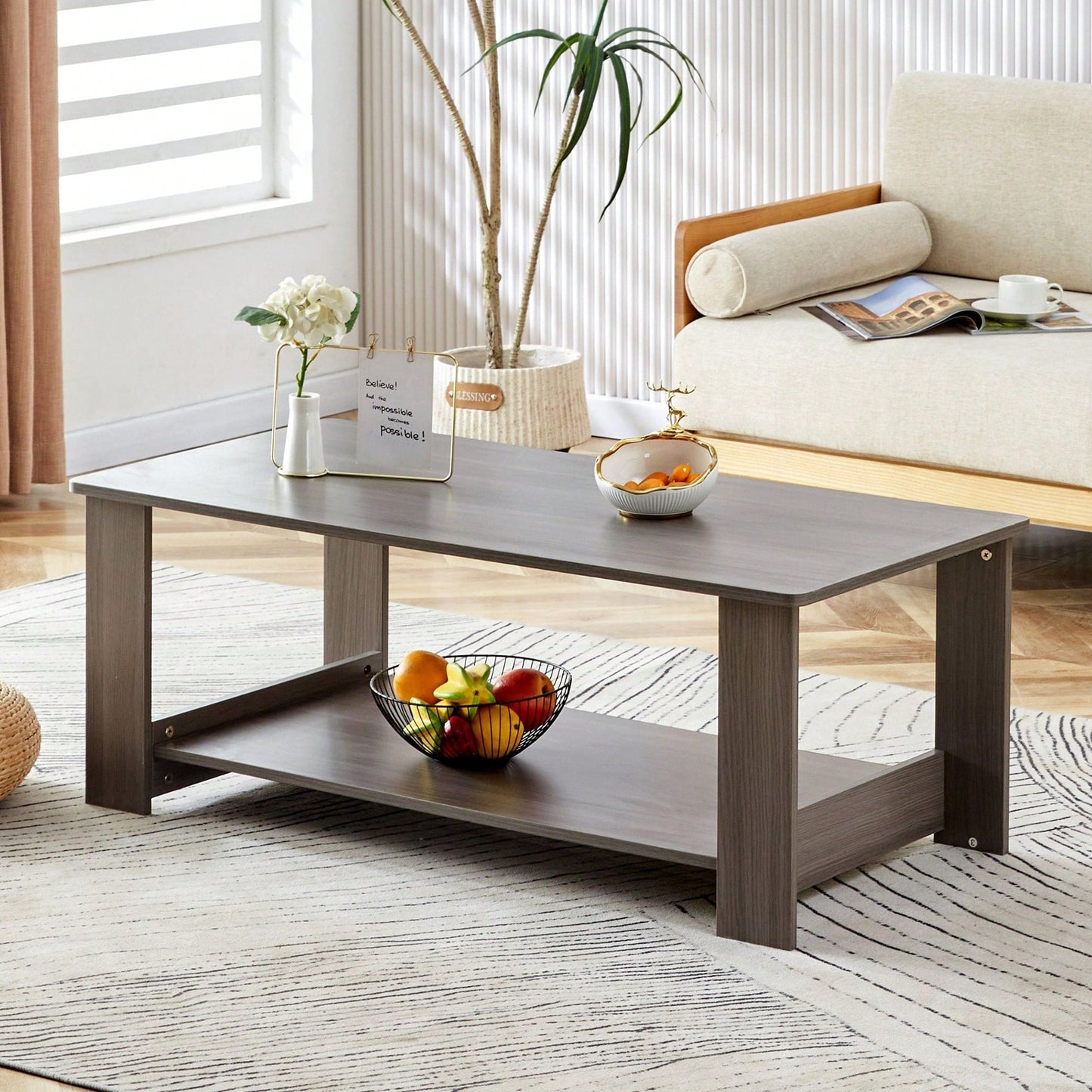 Stylish Walnut Textured Double Layer Coffee Table MDF Living Room 43.3x21.6x16.5 Inches