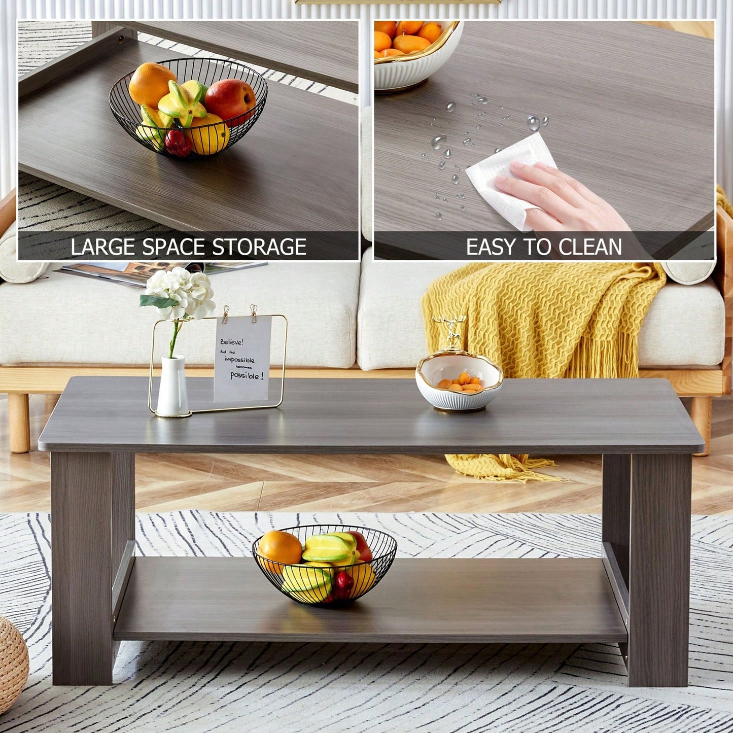 Stylish Walnut Textured Double Layer Coffee Table MDF Living Room 43.3x21.6x16.5 Inches