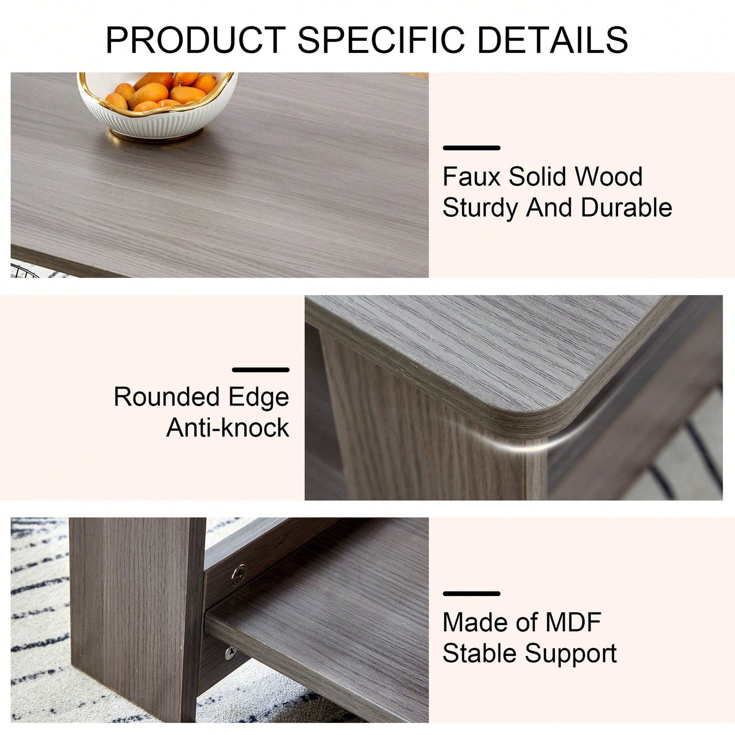 Stylish Walnut Textured Double Layer Coffee Table MDF Living Room 43.3x21.6x16.5 Inches