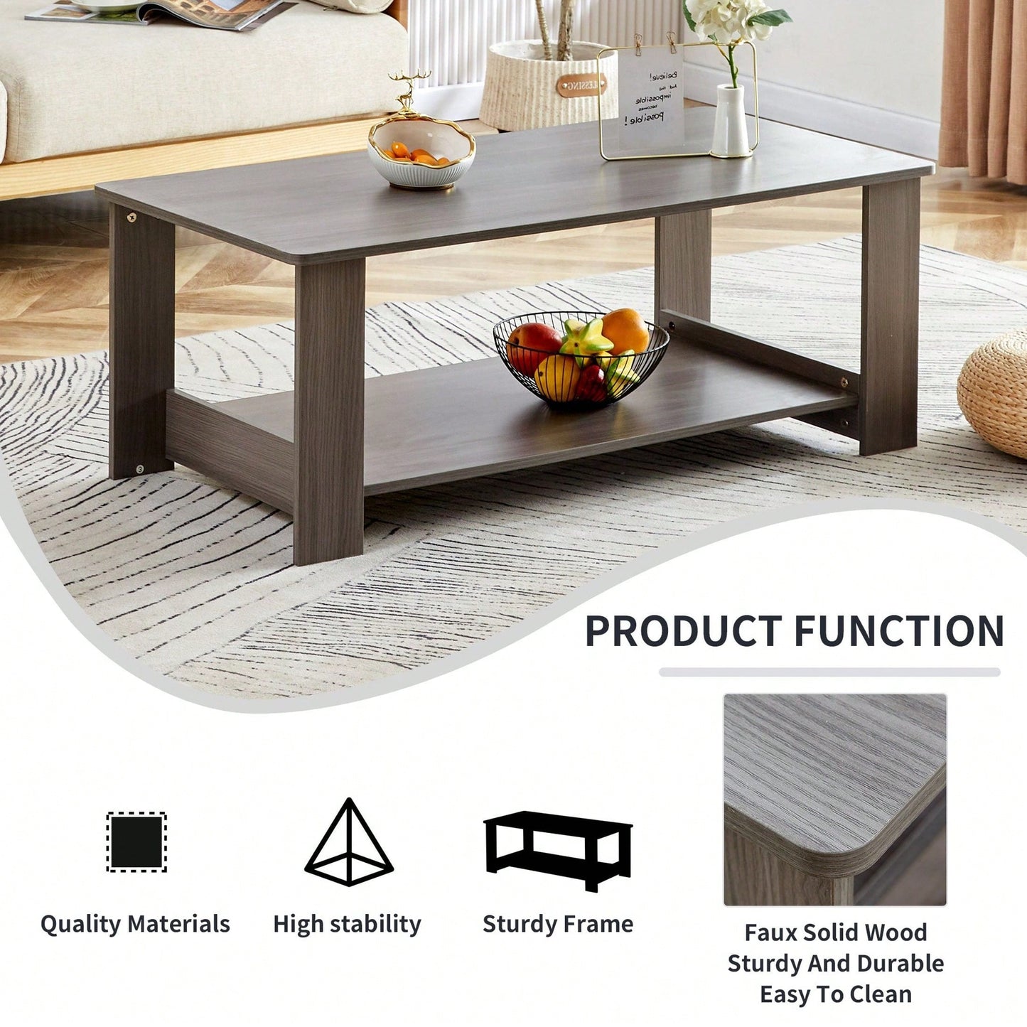 Stylish Walnut Textured Double Layer Coffee Table MDF Living Room 43.3x21.6x16.5 Inches