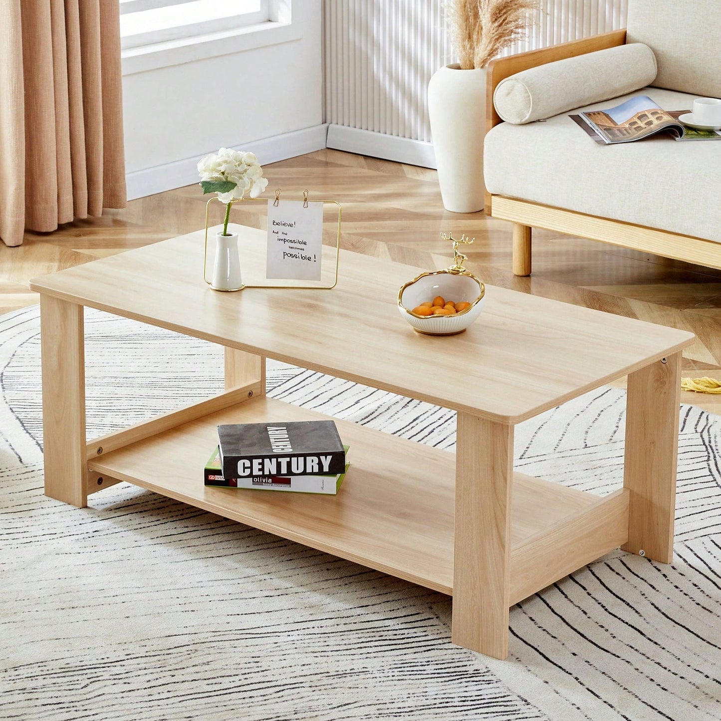 Stylish Walnut Textured Double Layer Coffee Table MDF Living Room 43.3x21.6x16.5 Inches