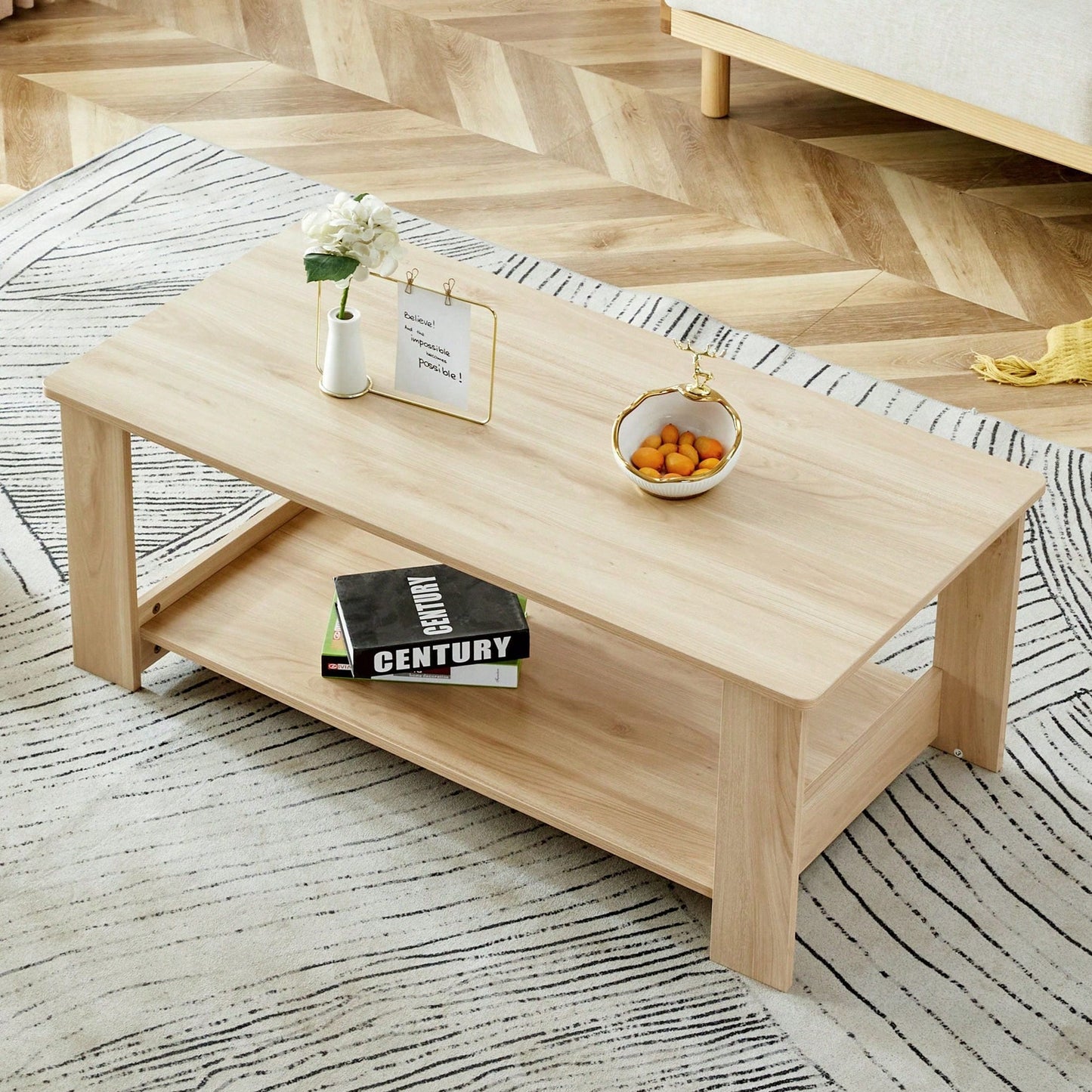 Stylish Walnut Textured Double Layer Coffee Table MDF Living Room 43.3x21.6x16.5 Inches