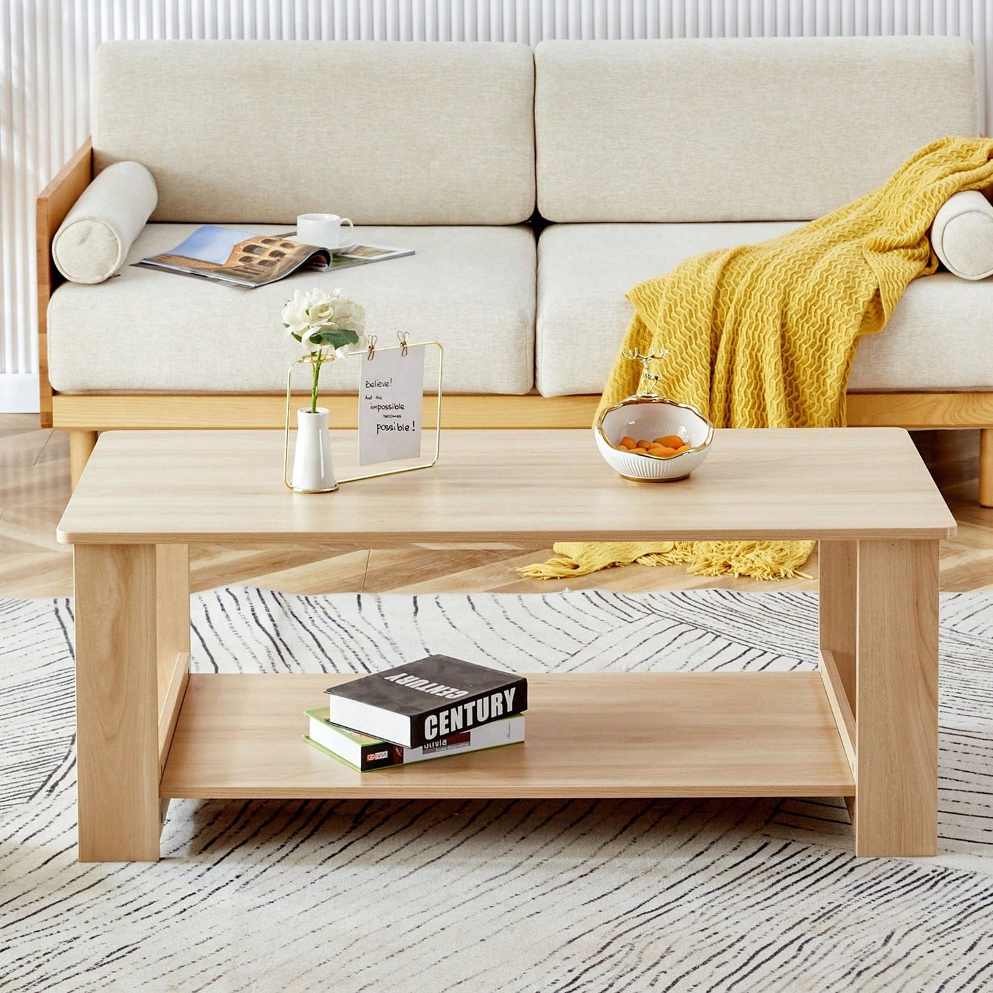 Stylish Walnut Textured Double Layer Coffee Table MDF Living Room 43.3x21.6x16.5 Inches