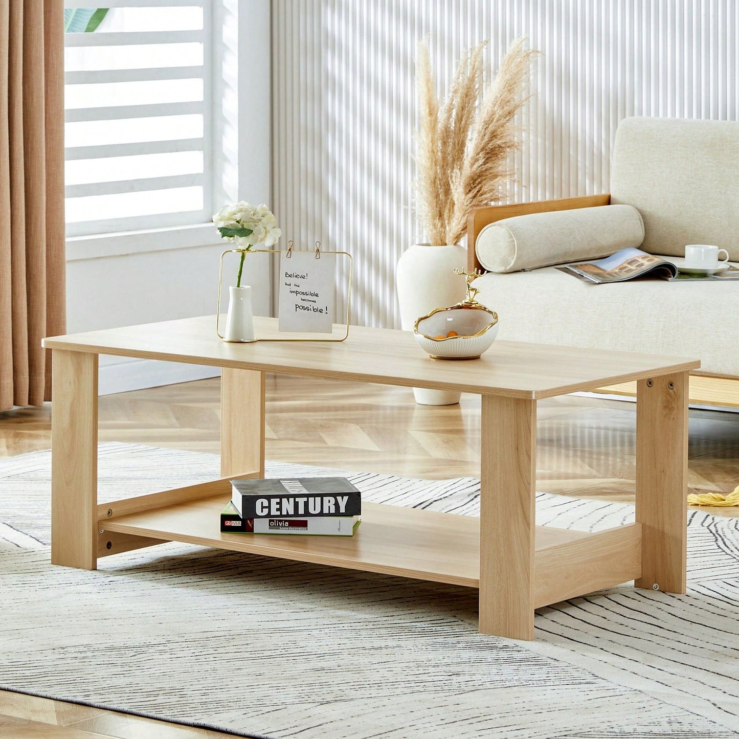 Stylish Walnut Textured Double Layer Coffee Table MDF Living Room 43.3x21.6x16.5 Inches
