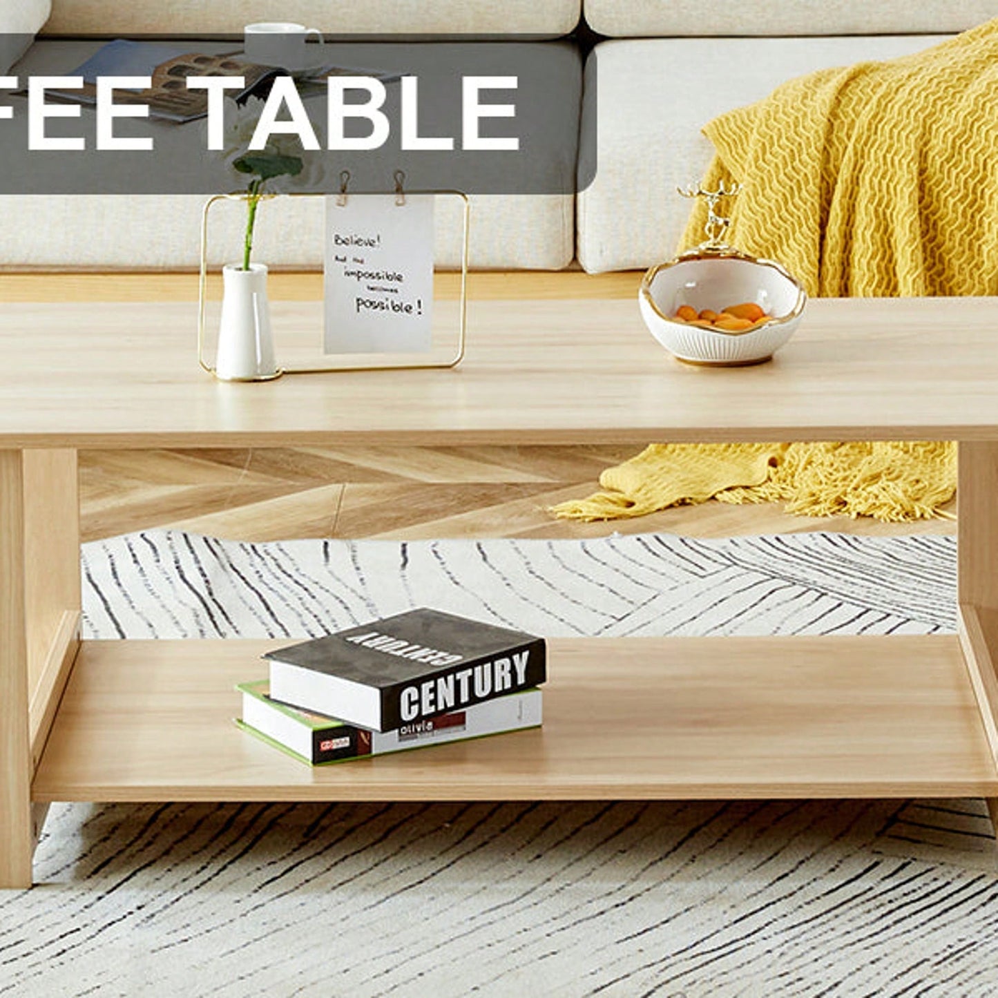 Stylish Walnut Textured Double Layer Coffee Table MDF Living Room 43.3x21.6x16.5 Inches