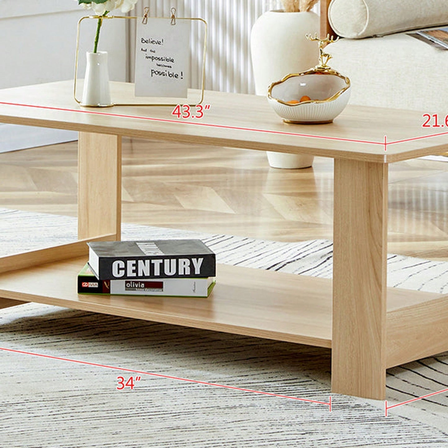 Stylish Walnut Textured Double Layer Coffee Table MDF Living Room 43.3x21.6x16.5 Inches