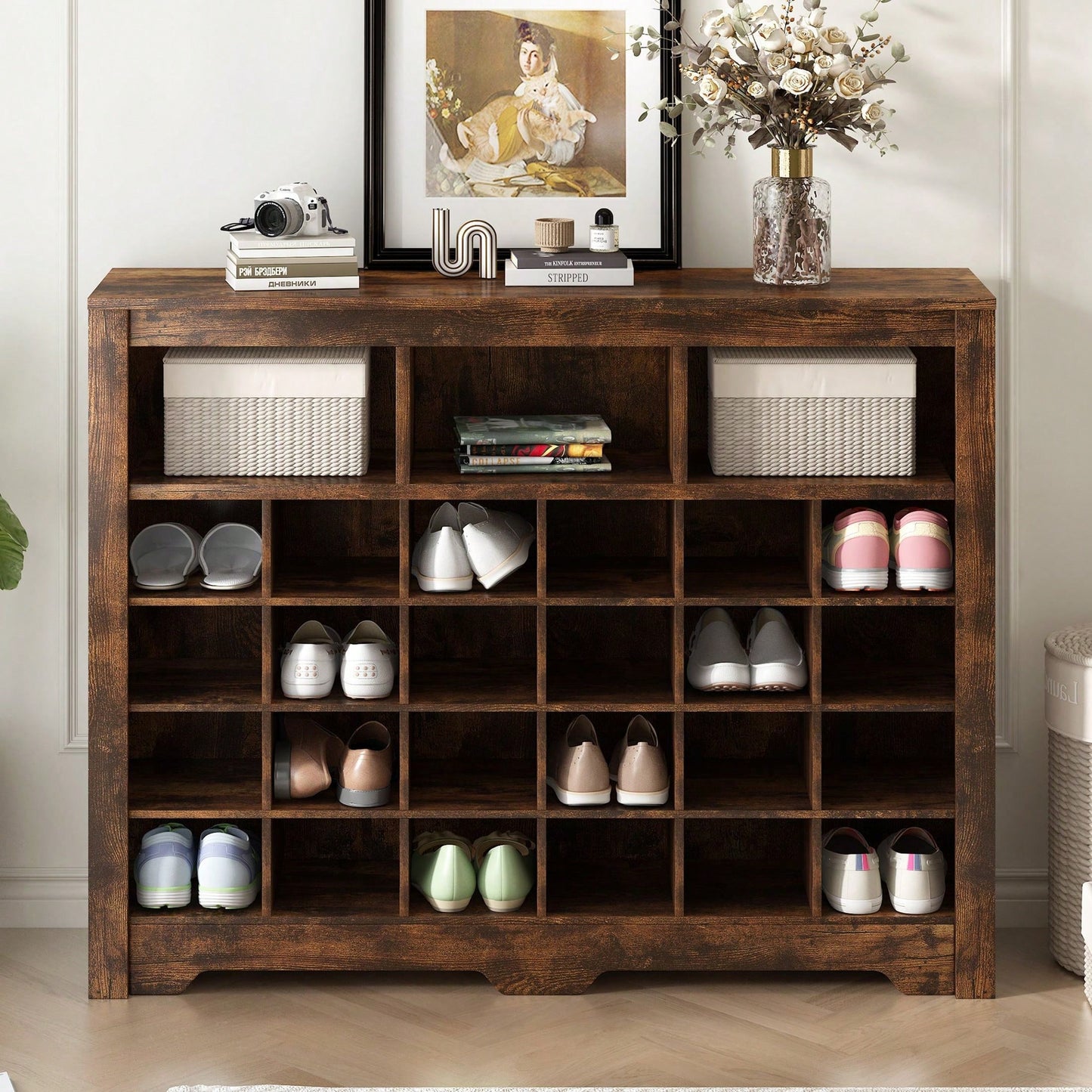 24 Shoe Cubby Console, Modern Shoe Cabinet With Curved Base, Versatile Sideboard For Hallway, Bedroom, Living Room