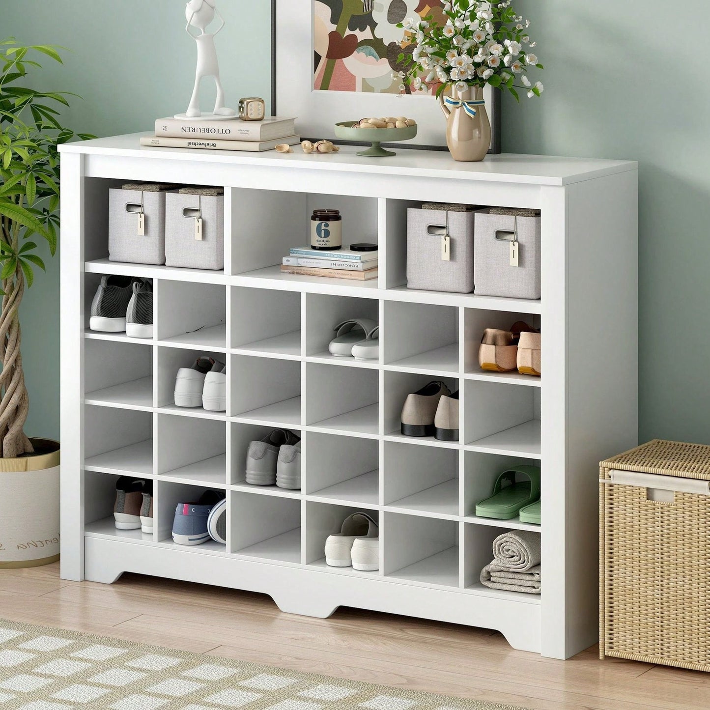 24 Shoe Cubby Console, Modern Shoe Cabinet With Curved Base, Versatile Sideboard For Hallway, Bedroom, Living Room